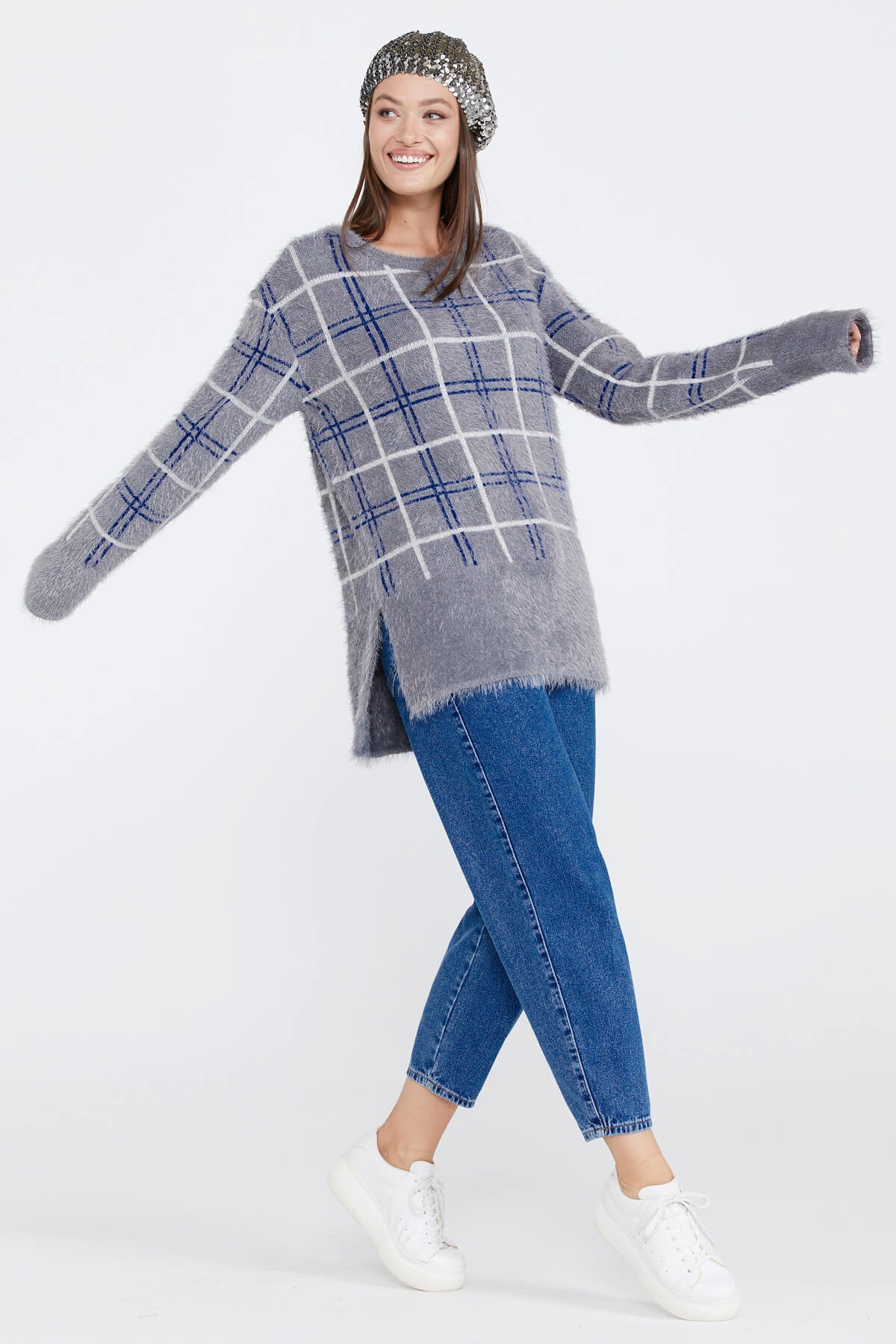 Kadın Desenli Triko Kazak - Gri (2) Sementa