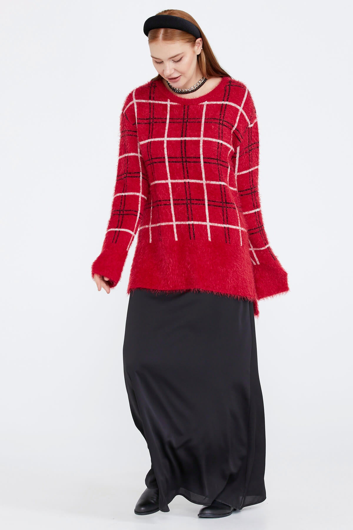 Kadın Desenli Triko Kazak - Kırmızı (2) Sementa