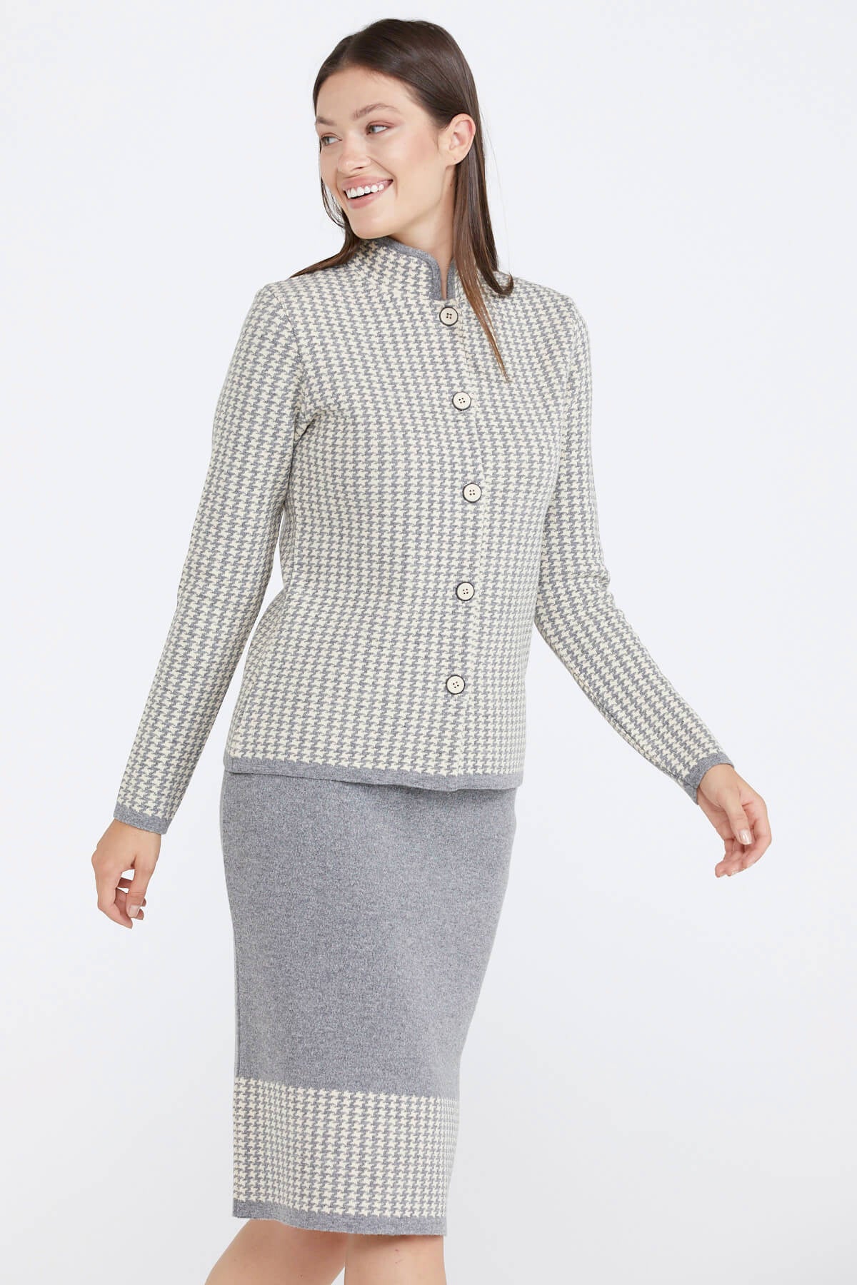 Kadın Dik Yaka Etekli Triko Takım - Gri - Kemik (2) Sementa