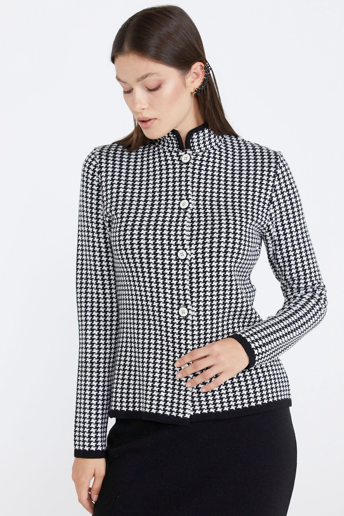 Kadın Dik Yaka Etekli Triko Takım - Siyah - Beyaz (2) Sementa