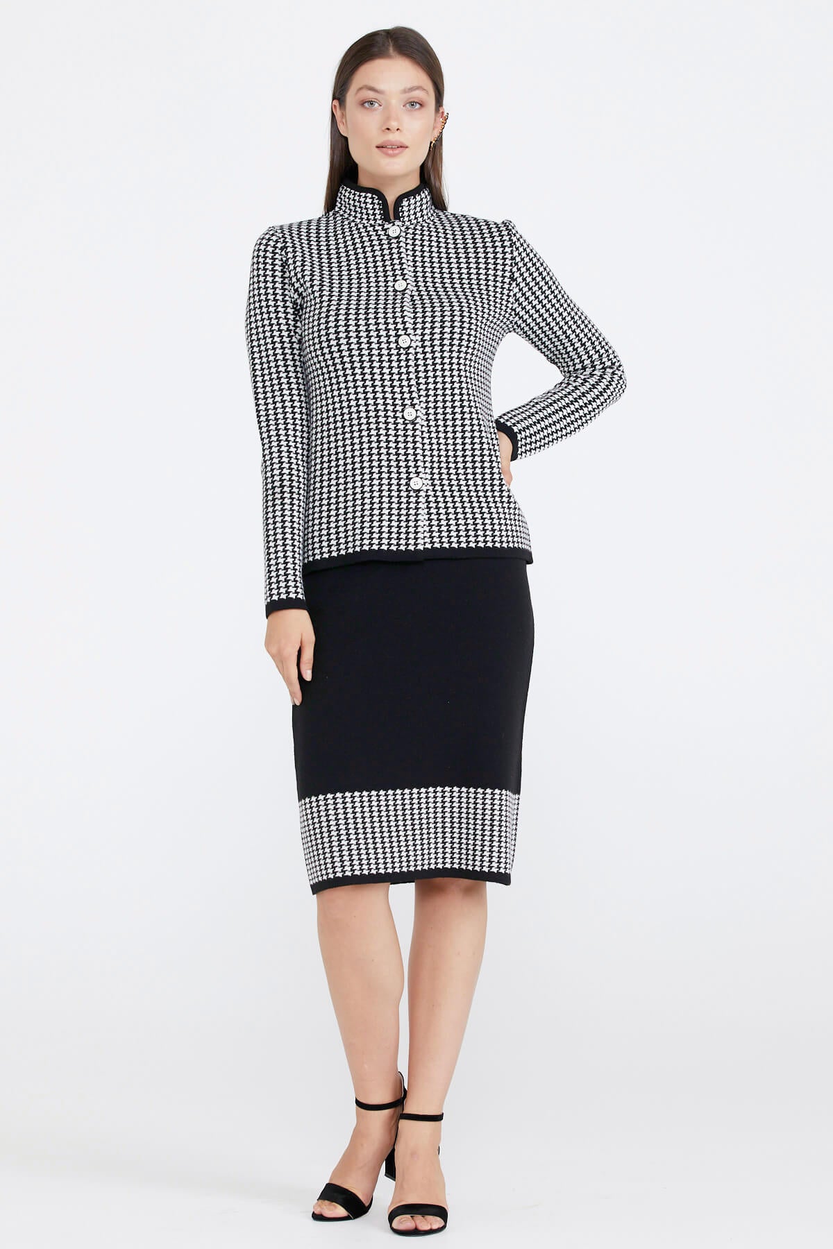 Kadın Dik Yaka Etekli Triko Takım - Siyah - Beyaz (3) Sementa