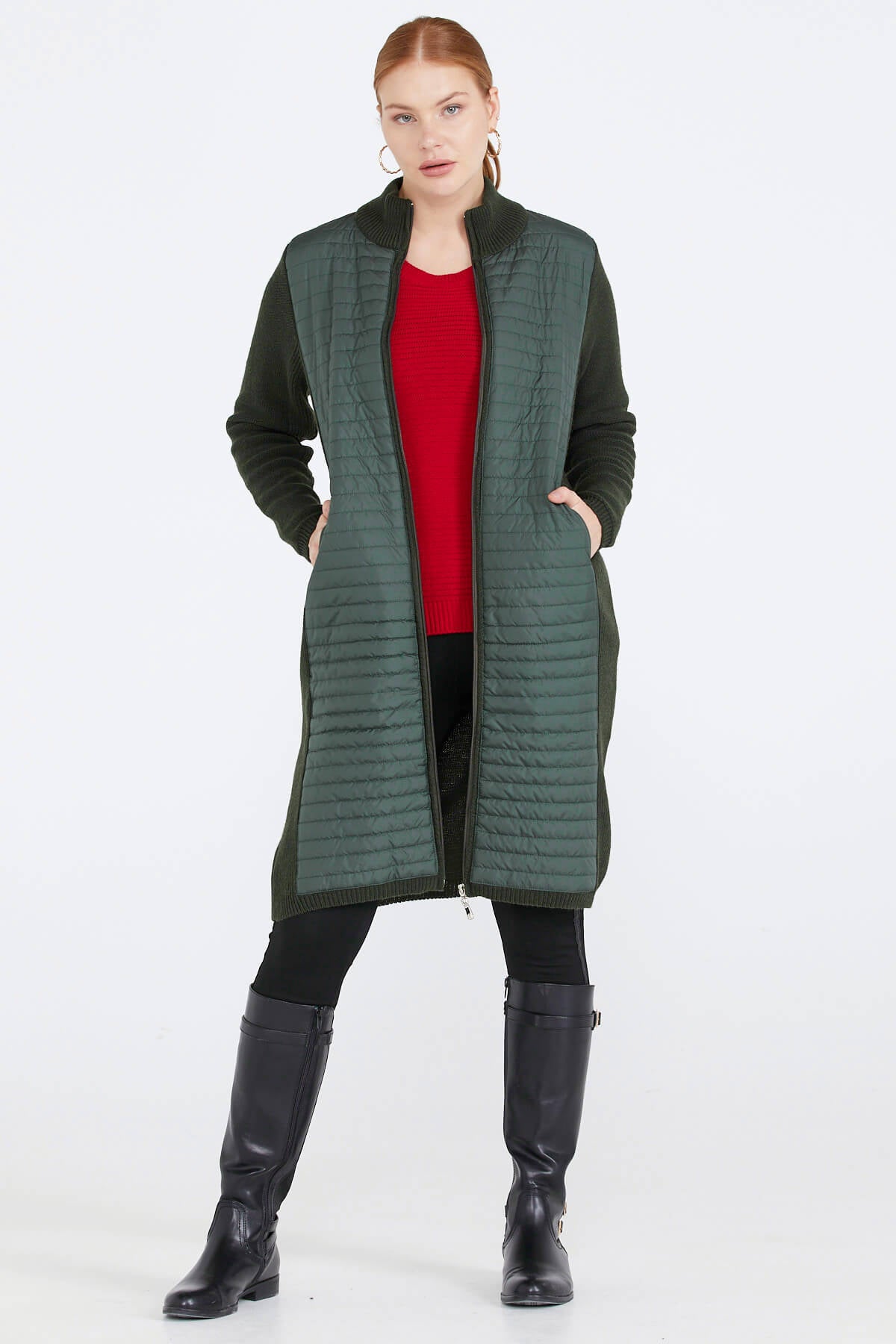 Kadın Dik Yaka Kapitone Triko Ceket - Haki (1) Sementa