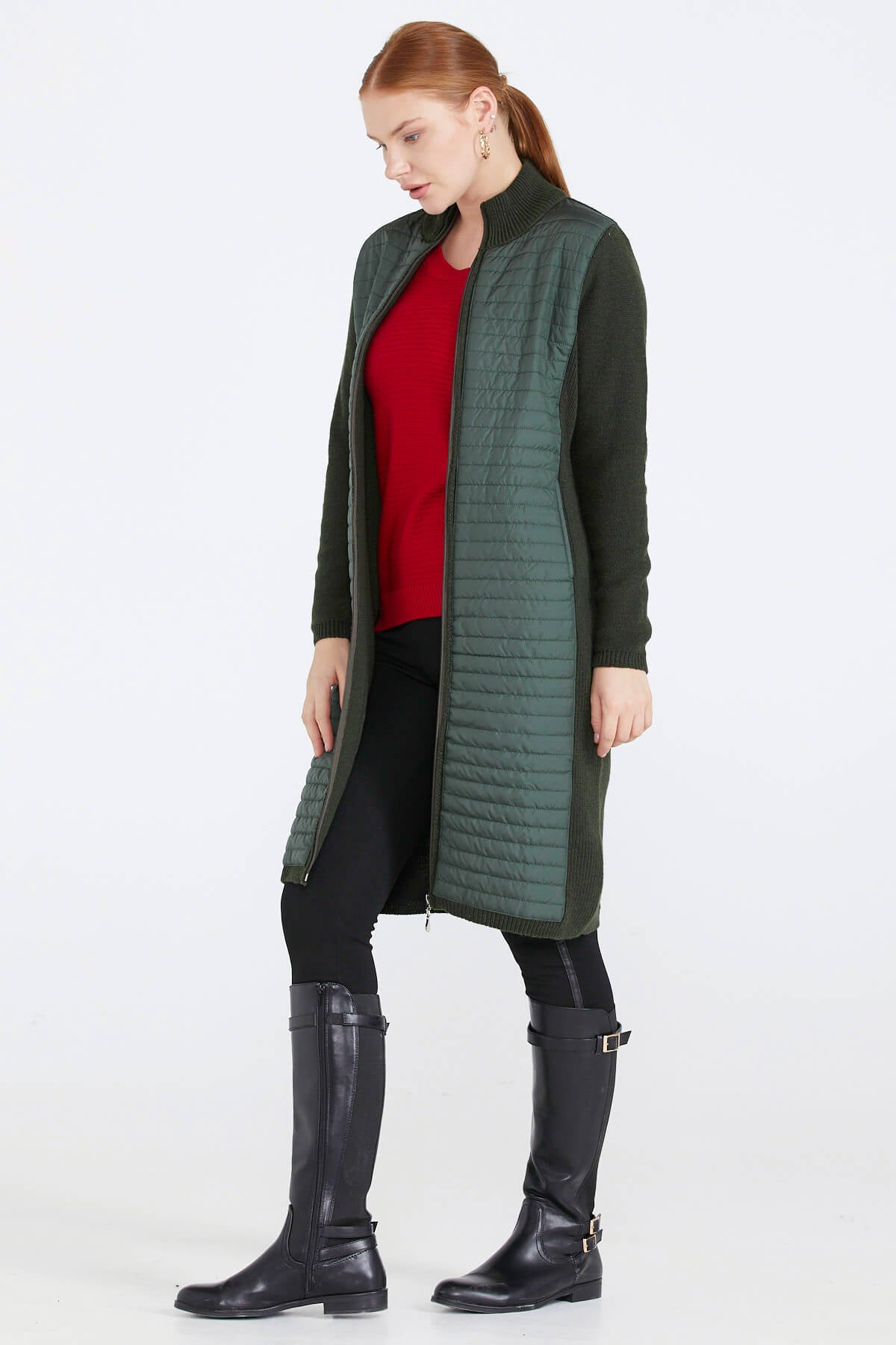 Kadın Dik Yaka Kapitone Triko Ceket - Haki (2) Sementa