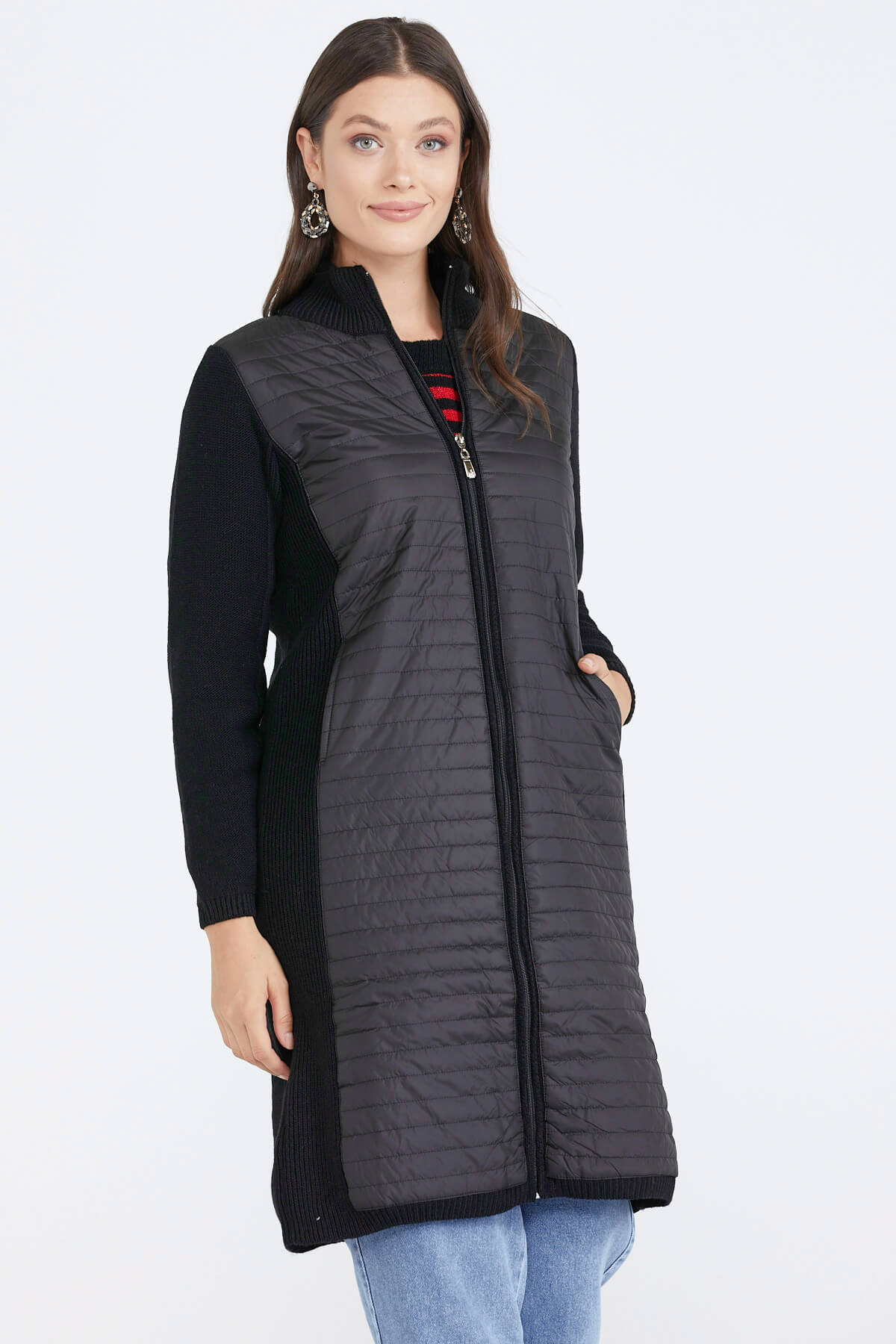 Kadın Dik Yaka Kapitone Triko Ceket - Siyah (1) Sementa