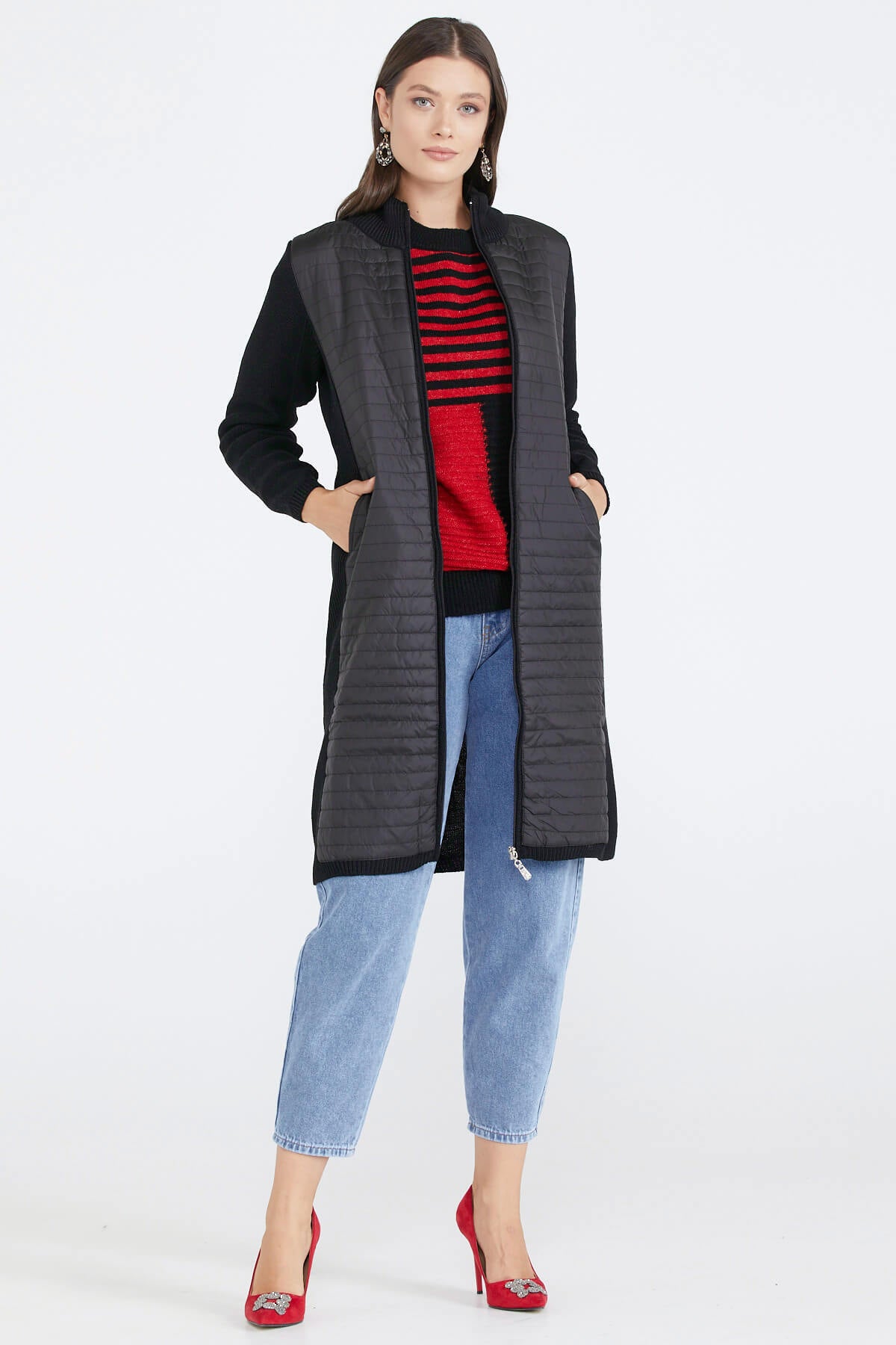 Kadın Dik Yaka Kapitone Triko Ceket - Siyah (2) Sementa