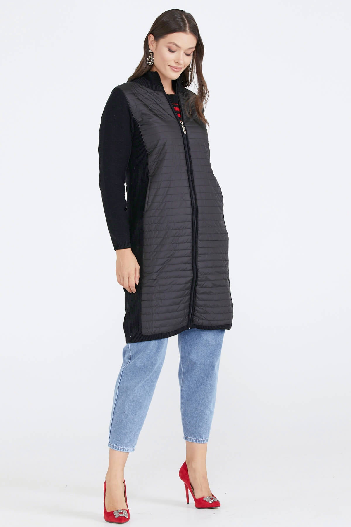 Kadın Dik Yaka Kapitone Triko Ceket - Siyah (3) Sementa