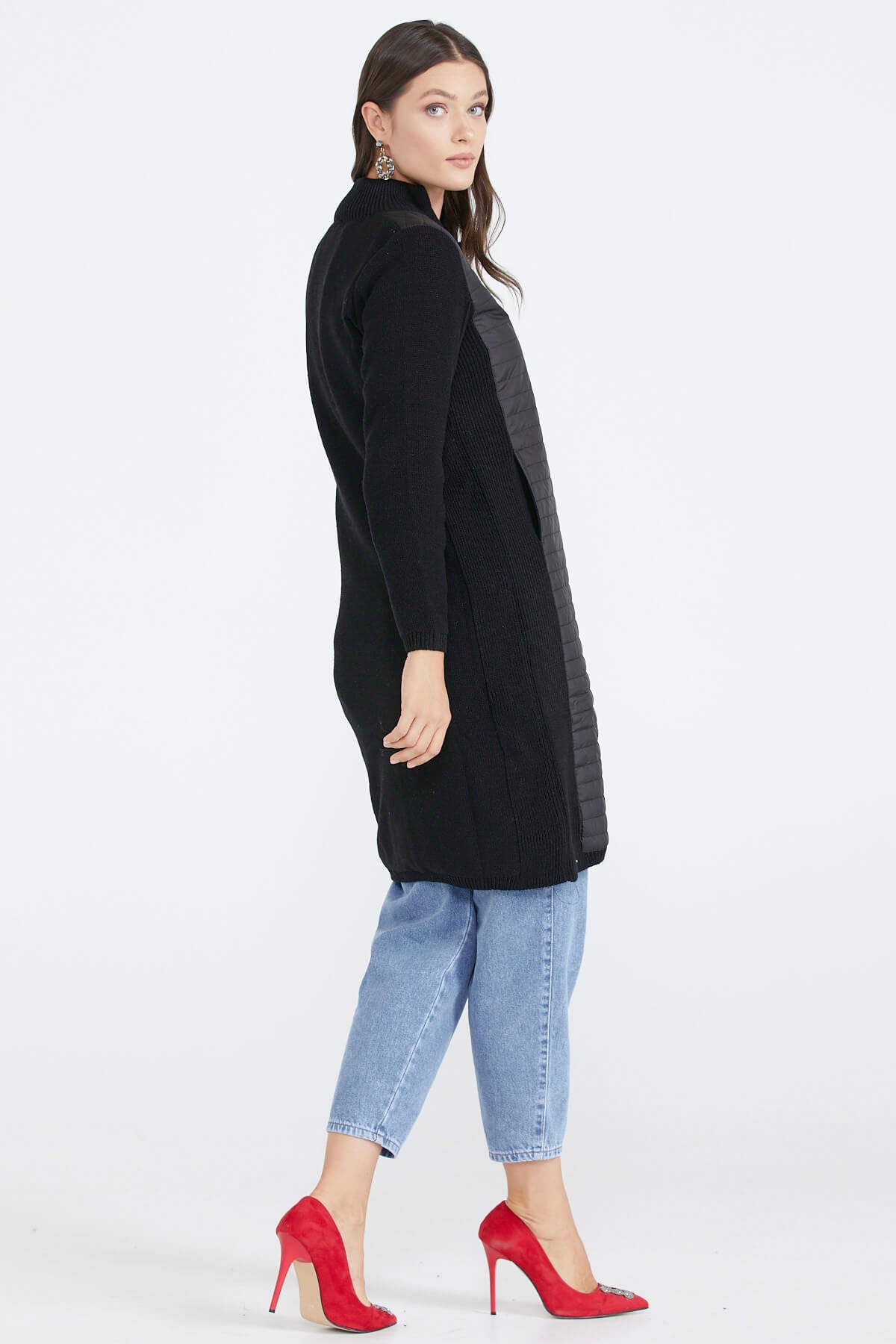 Kadın Dik Yaka Kapitone Triko Ceket - Siyah (4) Sementa