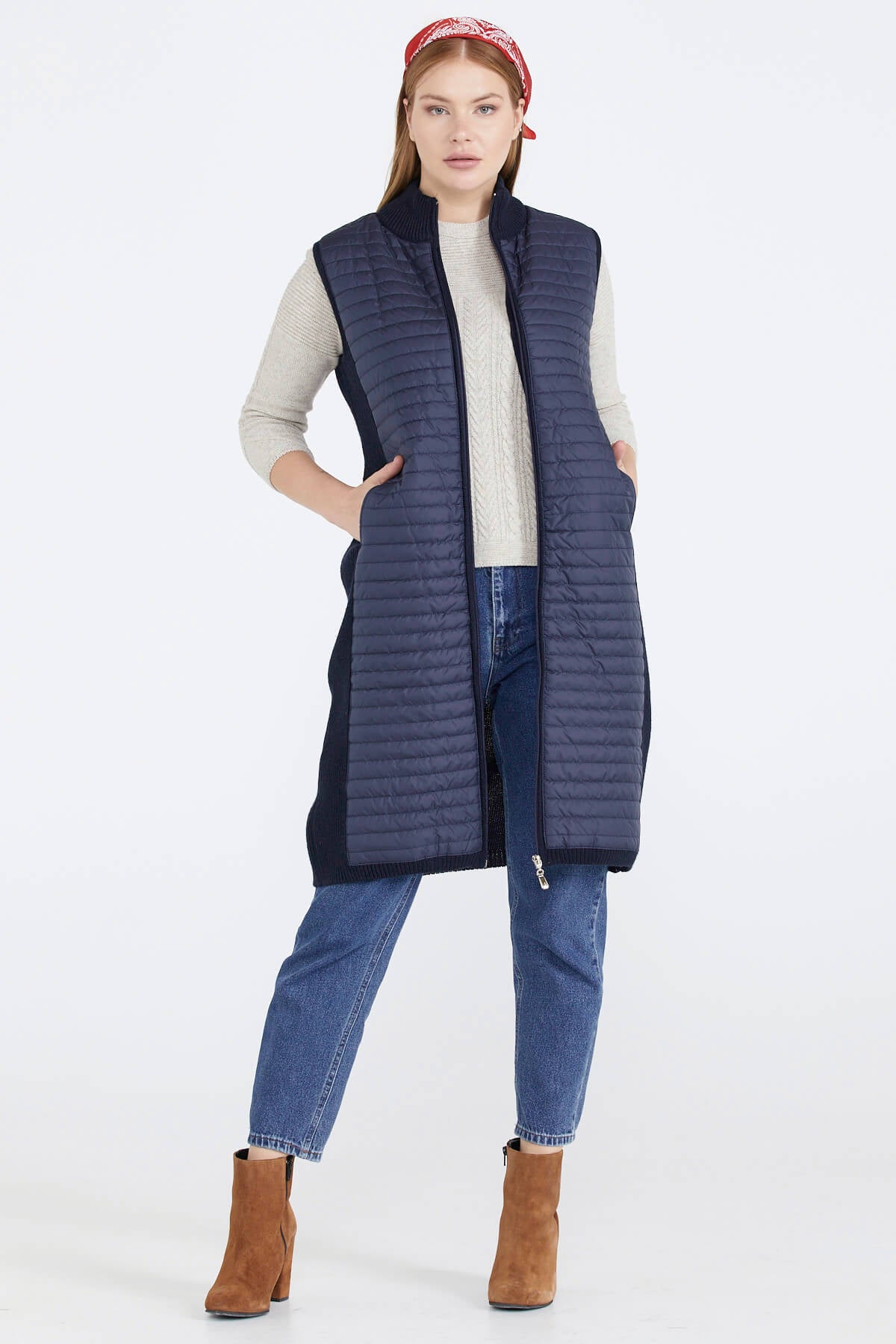 Kadın Dik Yaka Önü Kapitone Fermuarlı Triko Yelek - Lacivert (1) Sementa