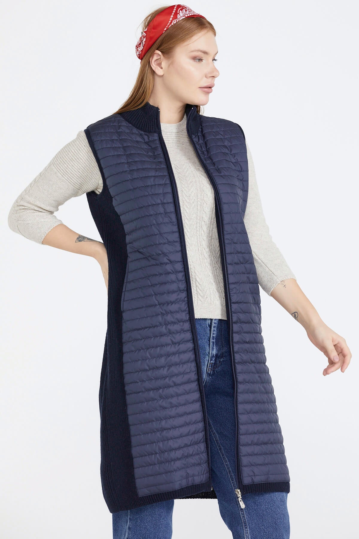 Kadın Dik Yaka Önü Kapitone Fermuarlı Triko Yelek - Lacivert (2) Sementa