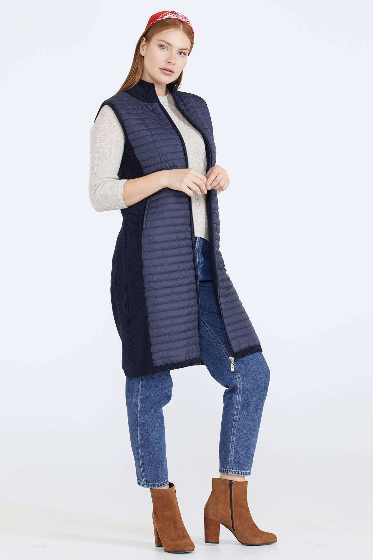 Kadın Dik Yaka Önü Kapitone Fermuarlı Triko Yelek - Lacivert (3) Sementa