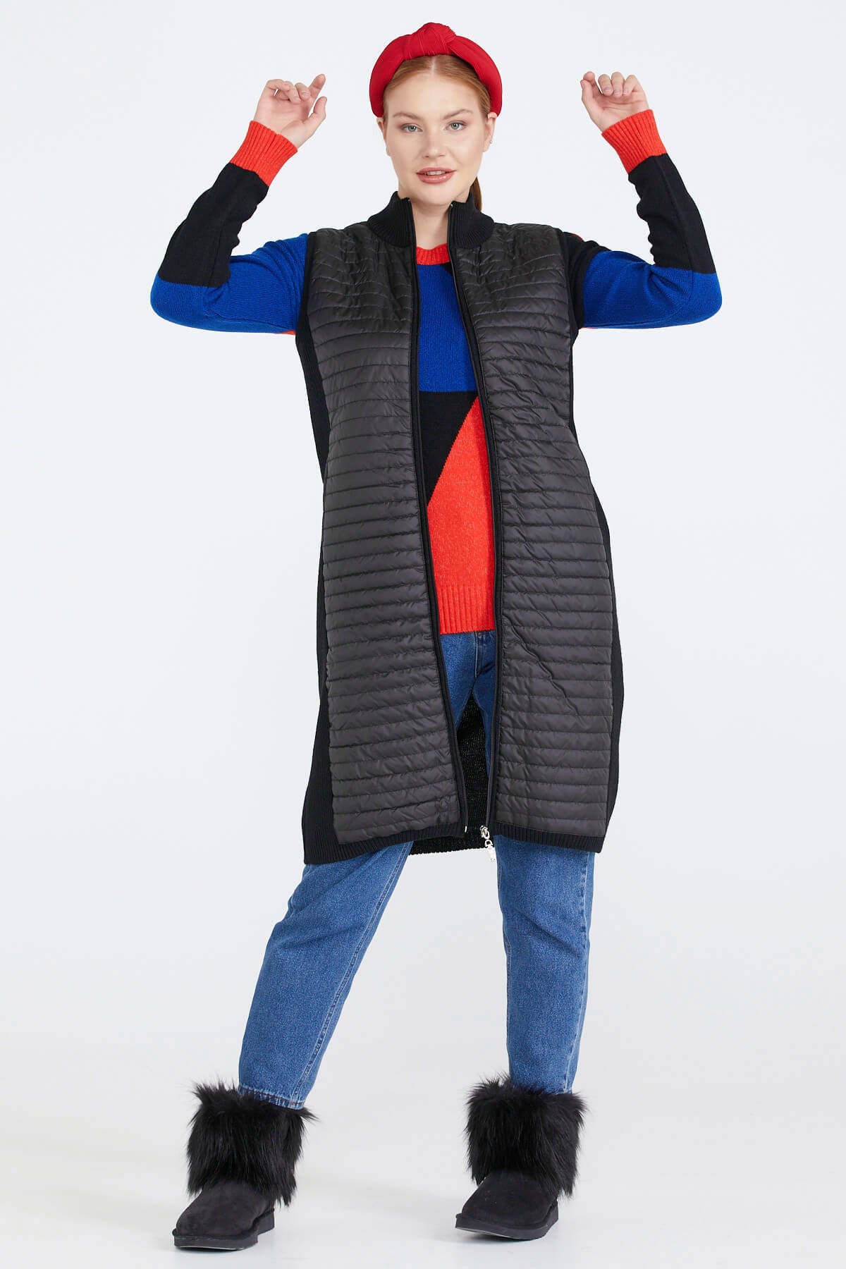 Kadın Dik Yaka Önü Kapitone Fermuarlı Triko Yelek - Siyah (3) Sementa