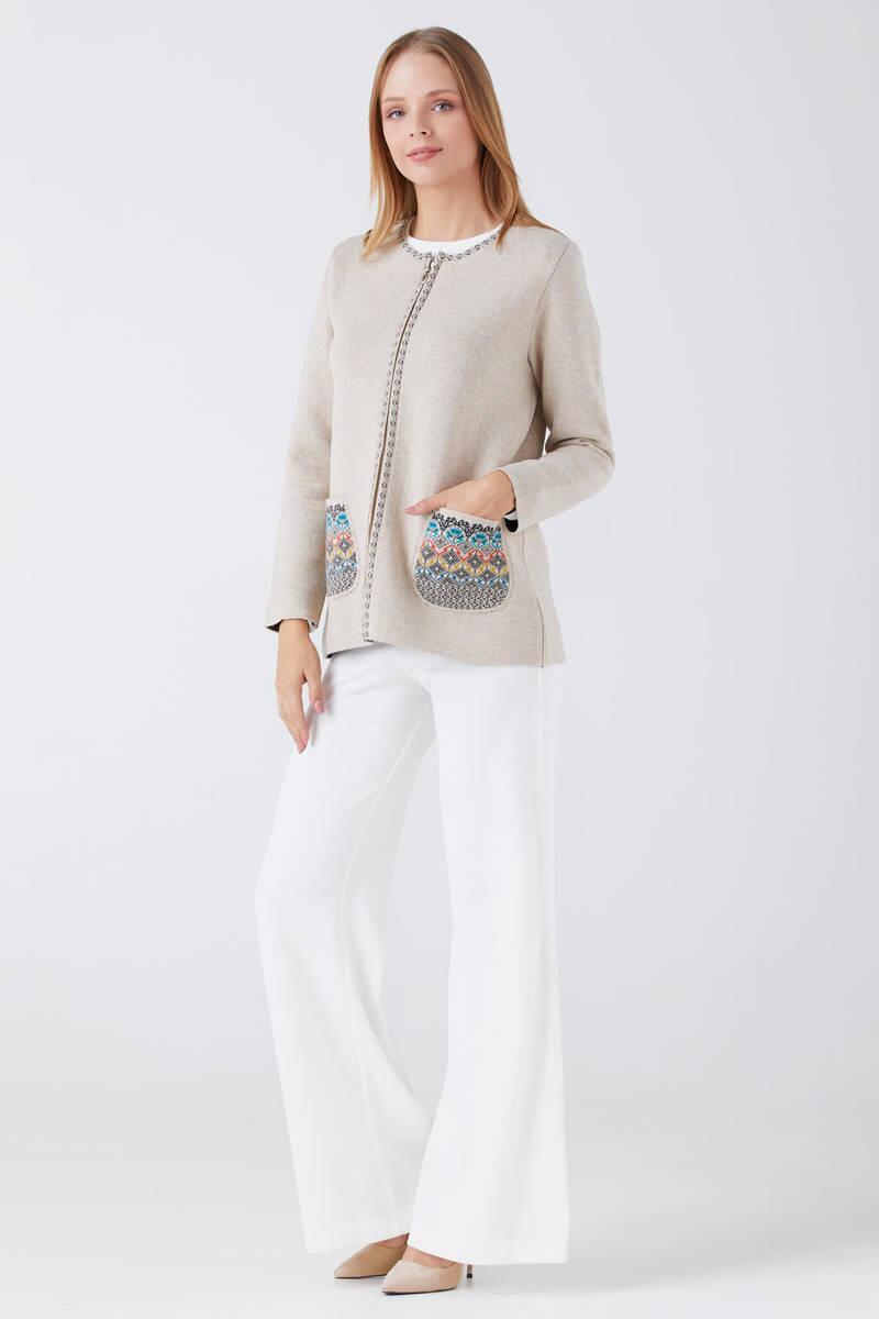 Kadın Fermuarlı Cepli Triko Ceket - Bej - Antrasit (2) Sementa