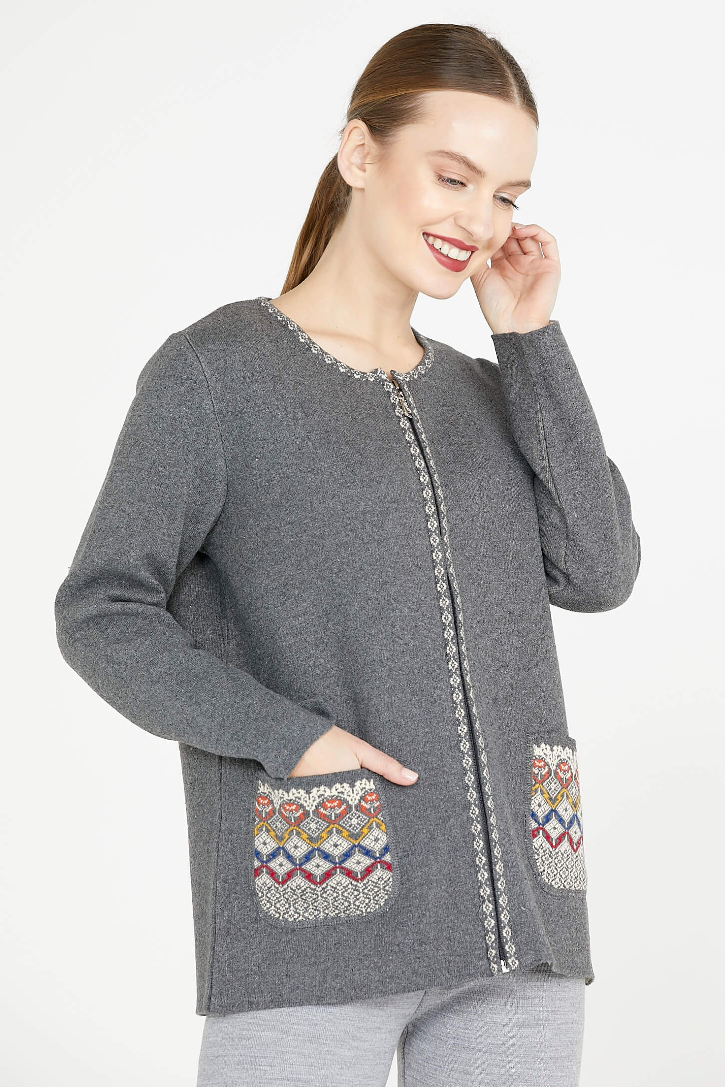 Kadın Fermuarlı Cepli Triko Ceket - Koyu Gri - Krem (1) Sementa