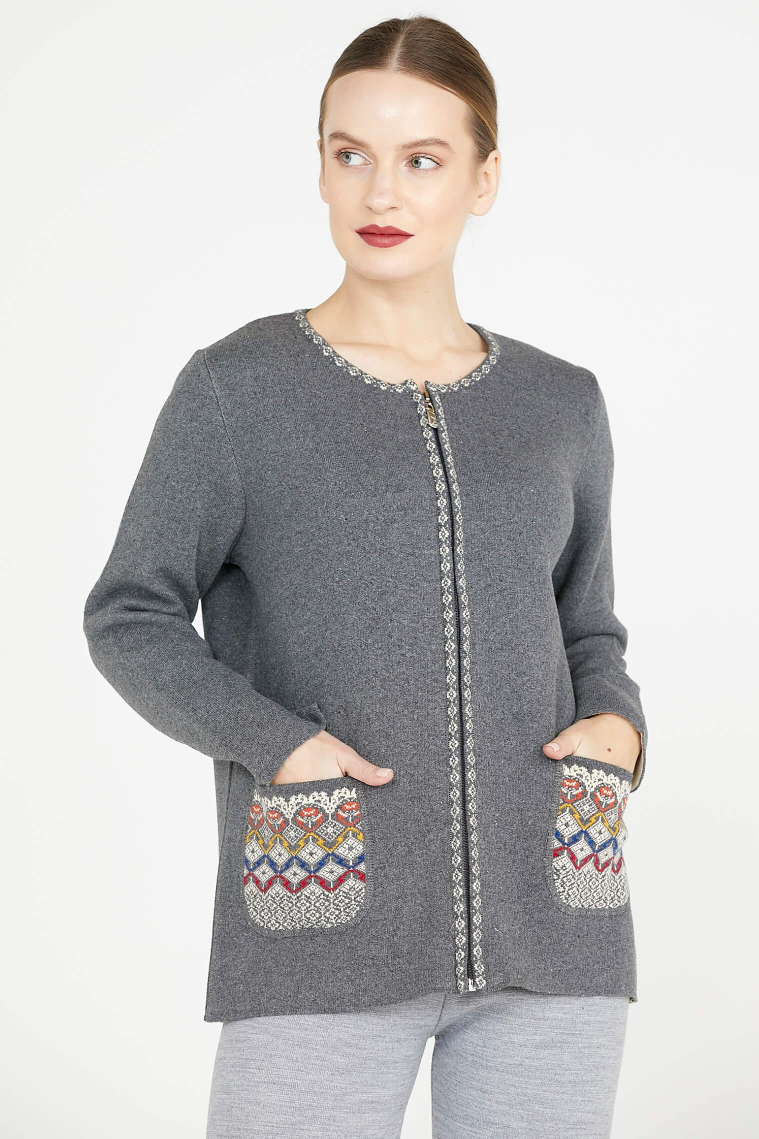 Kadın Fermuarlı Cepli Triko Ceket - Koyu Gri - Krem (2) Sementa