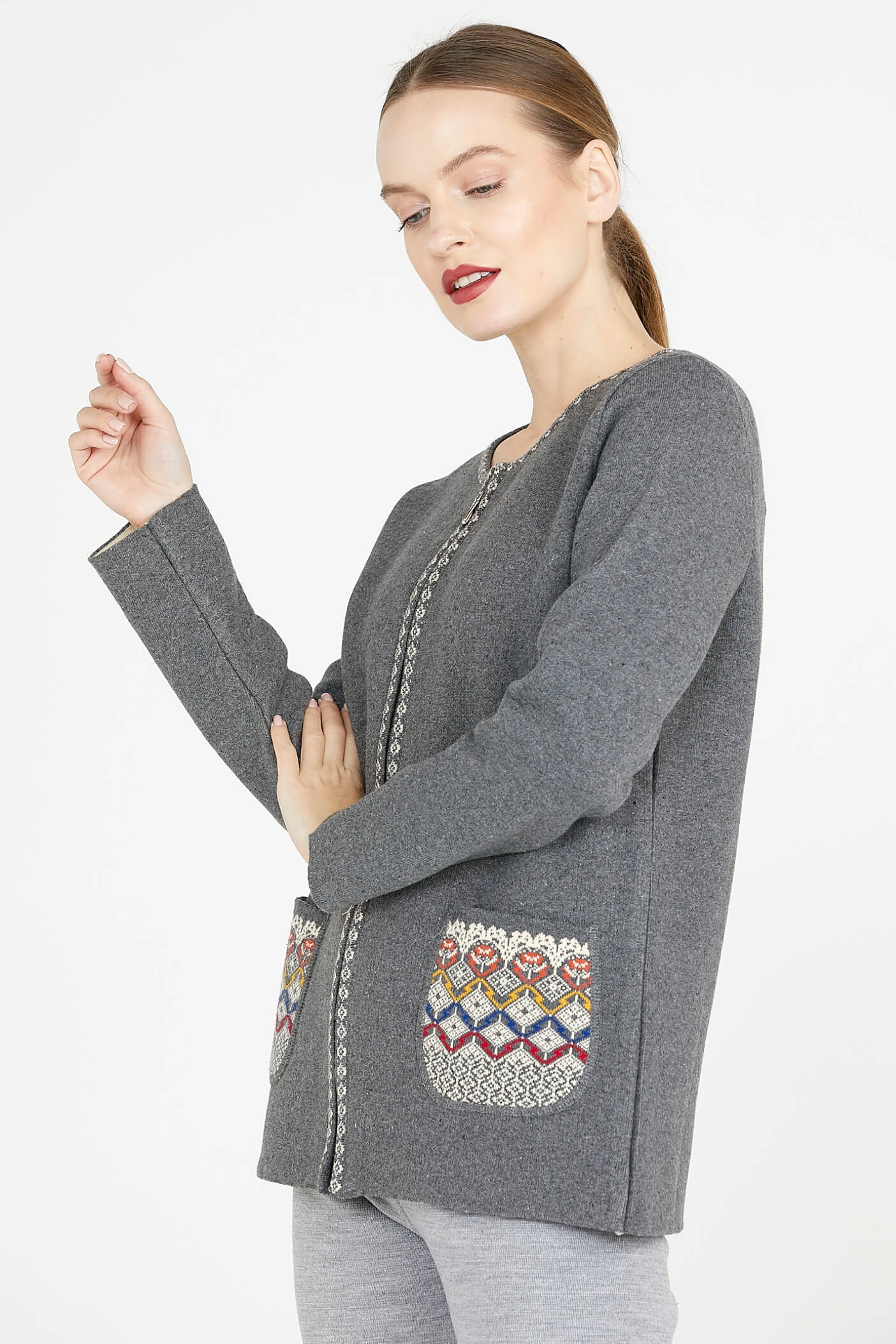 Kadın Fermuarlı Cepli Triko Ceket - Koyu Gri - Krem (3) Sementa