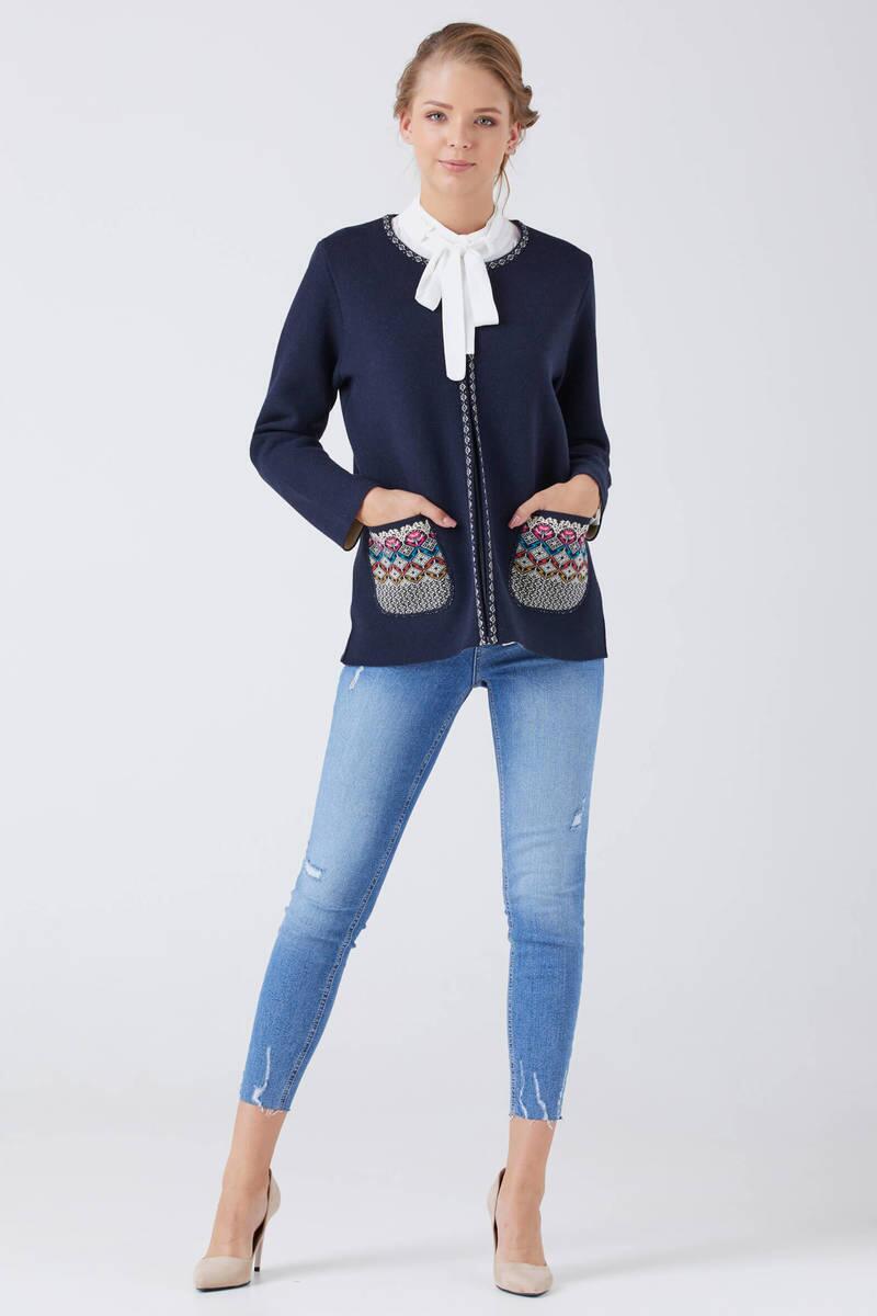 Kadın Fermuarlı Cepli Triko Ceket - Lacivert - Krem (1) Sementa