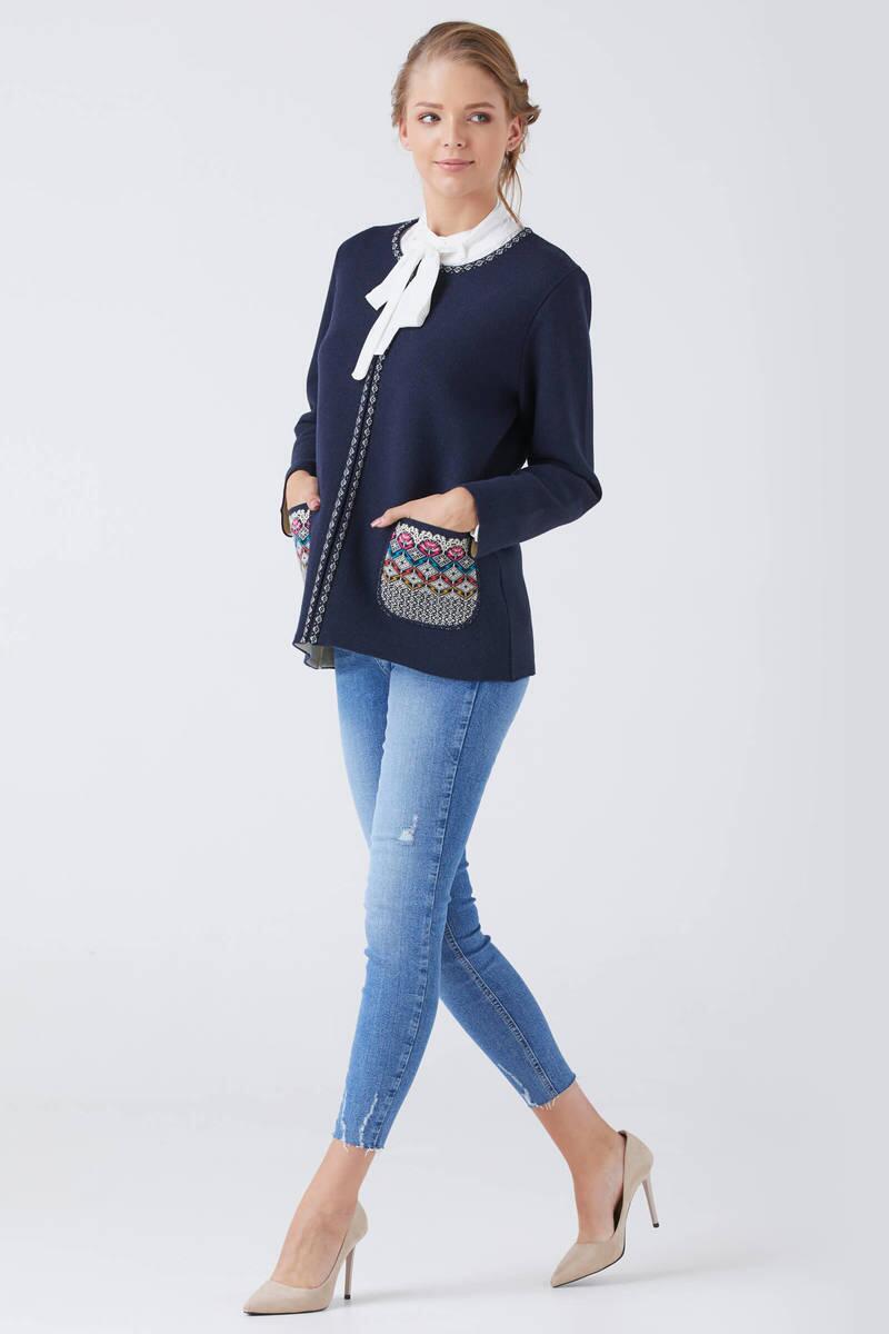 Kadın Fermuarlı Cepli Triko Ceket - Lacivert - Krem (2) Sementa