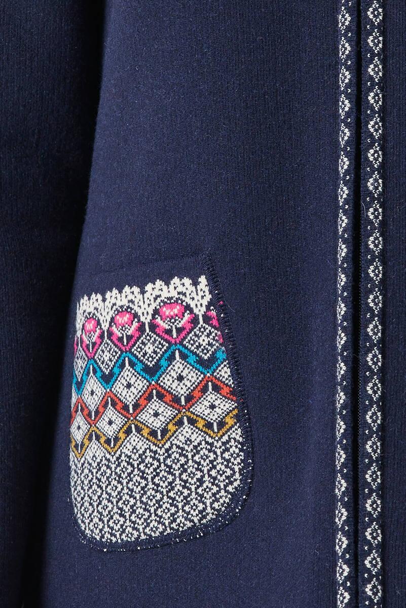 Kadın Fermuarlı Cepli Triko Ceket - Lacivert - Krem (3) Sementa