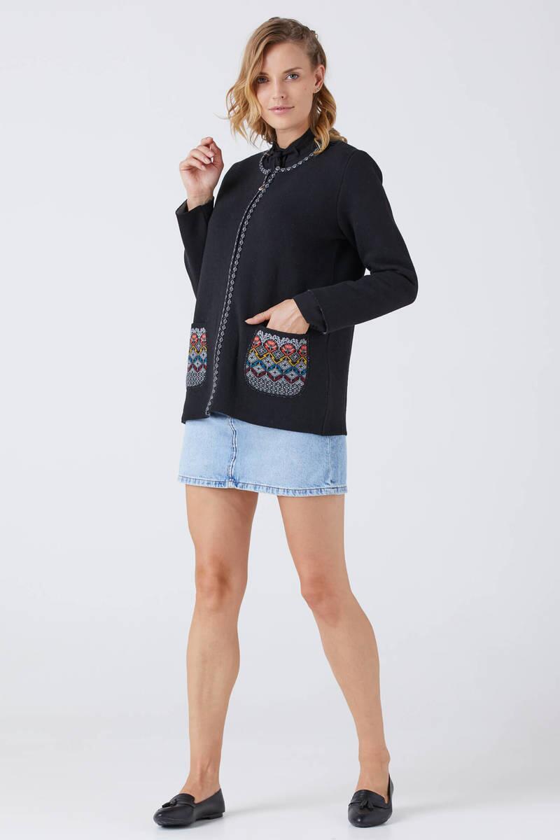 Kadın Fermuarlı Cepli Triko Ceket - Siyah - Gri (2) Sementa