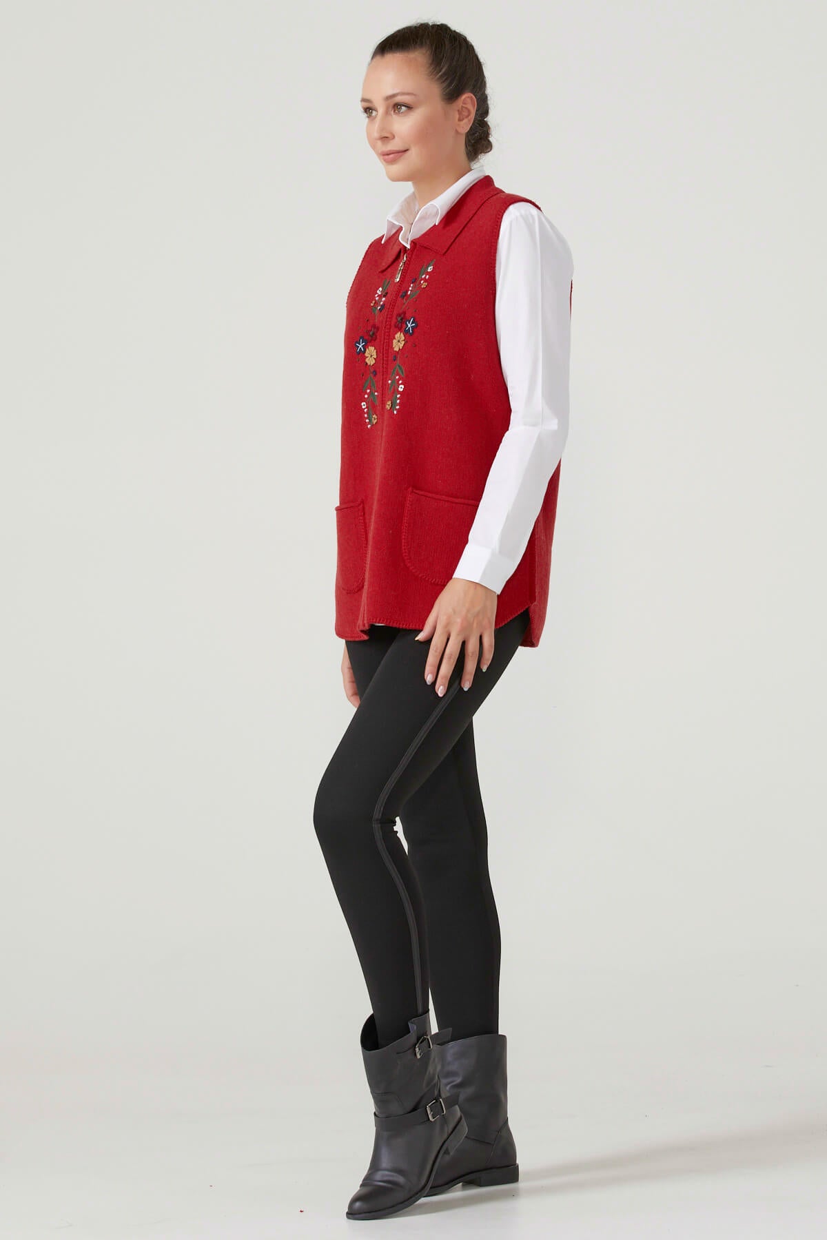 Kadın Fermuarlı Triko Yelek - Kırmızı (3) Sementa