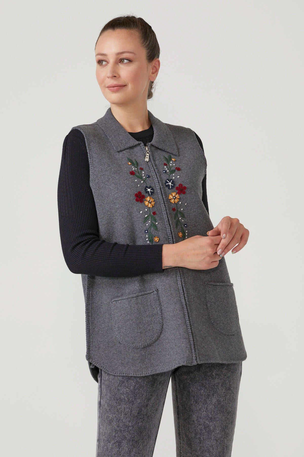 Kadın Fermuarlı Triko Yelek - Koyu Gri (2) Sementa