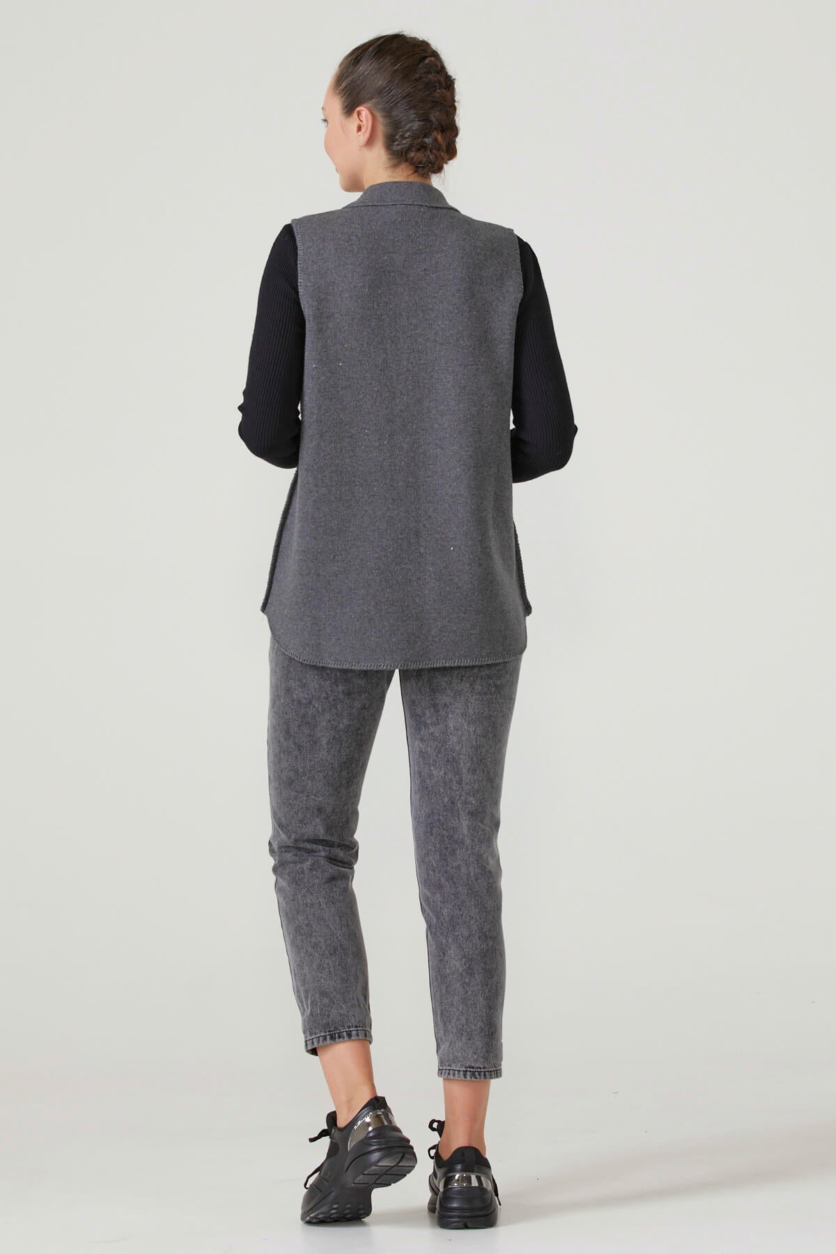Kadın Fermuarlı Triko Yelek - Koyu Gri (3) Sementa