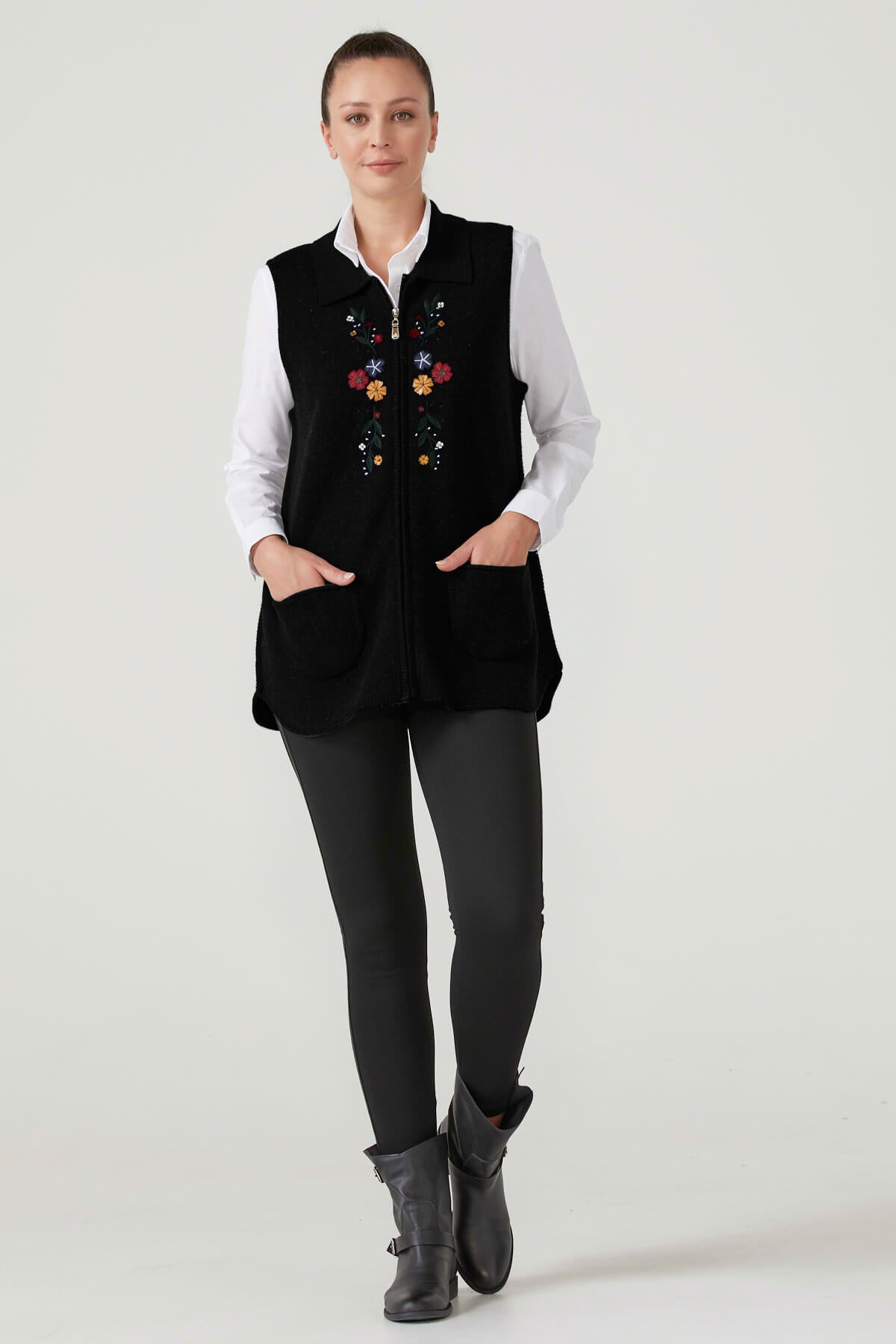 Kadın Fermuarlı Triko Yelek - Siyah (2) Sementa