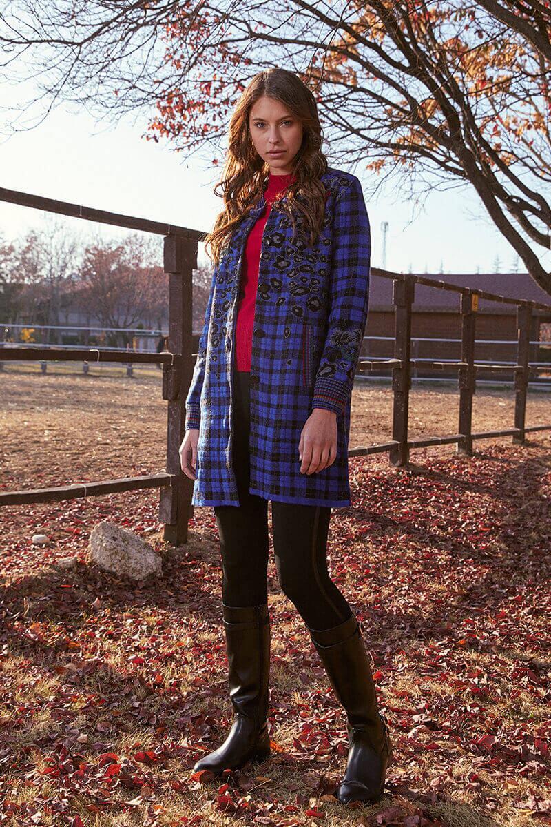 Kadın Hakim Yaka Desenli Uzun Triko Ceket - Saks (2) Sementa