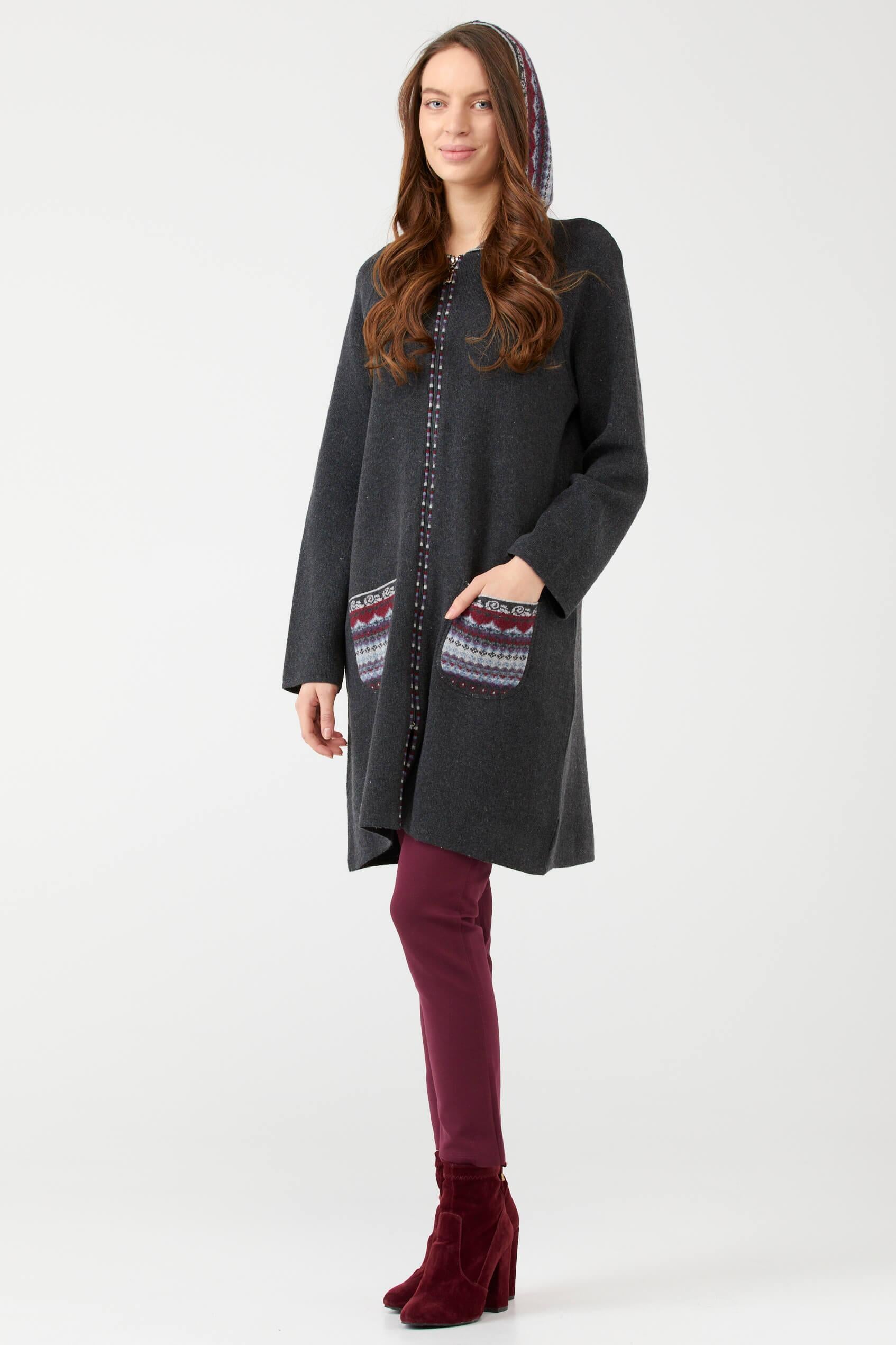 Kadın Kapüşonlu Fermuarlı Triko Ceket - Antrasit (1) Sementa