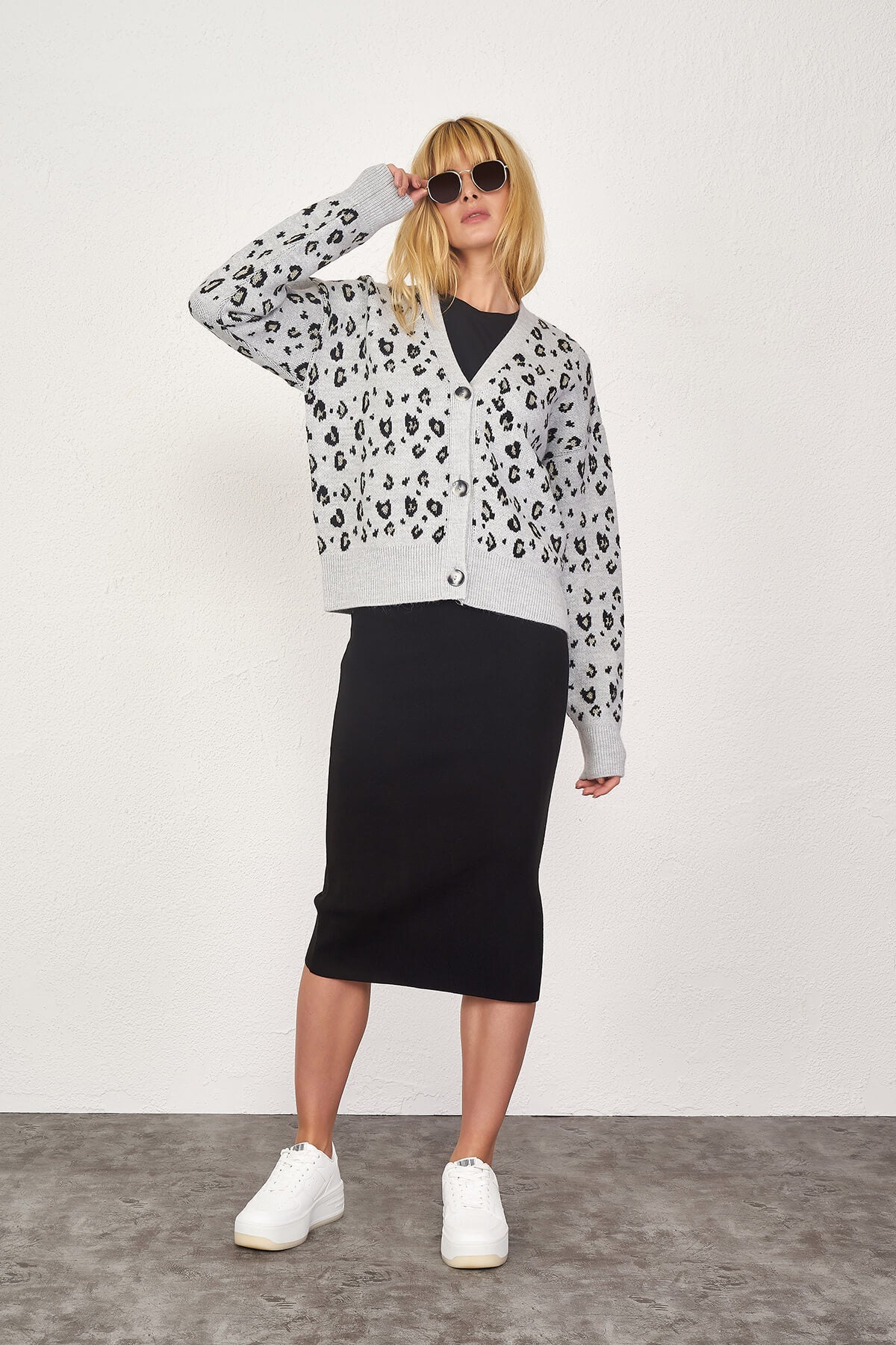 Kadın Leopar Desenli Triko Hırka - Gri - Siyah (2) Sementa