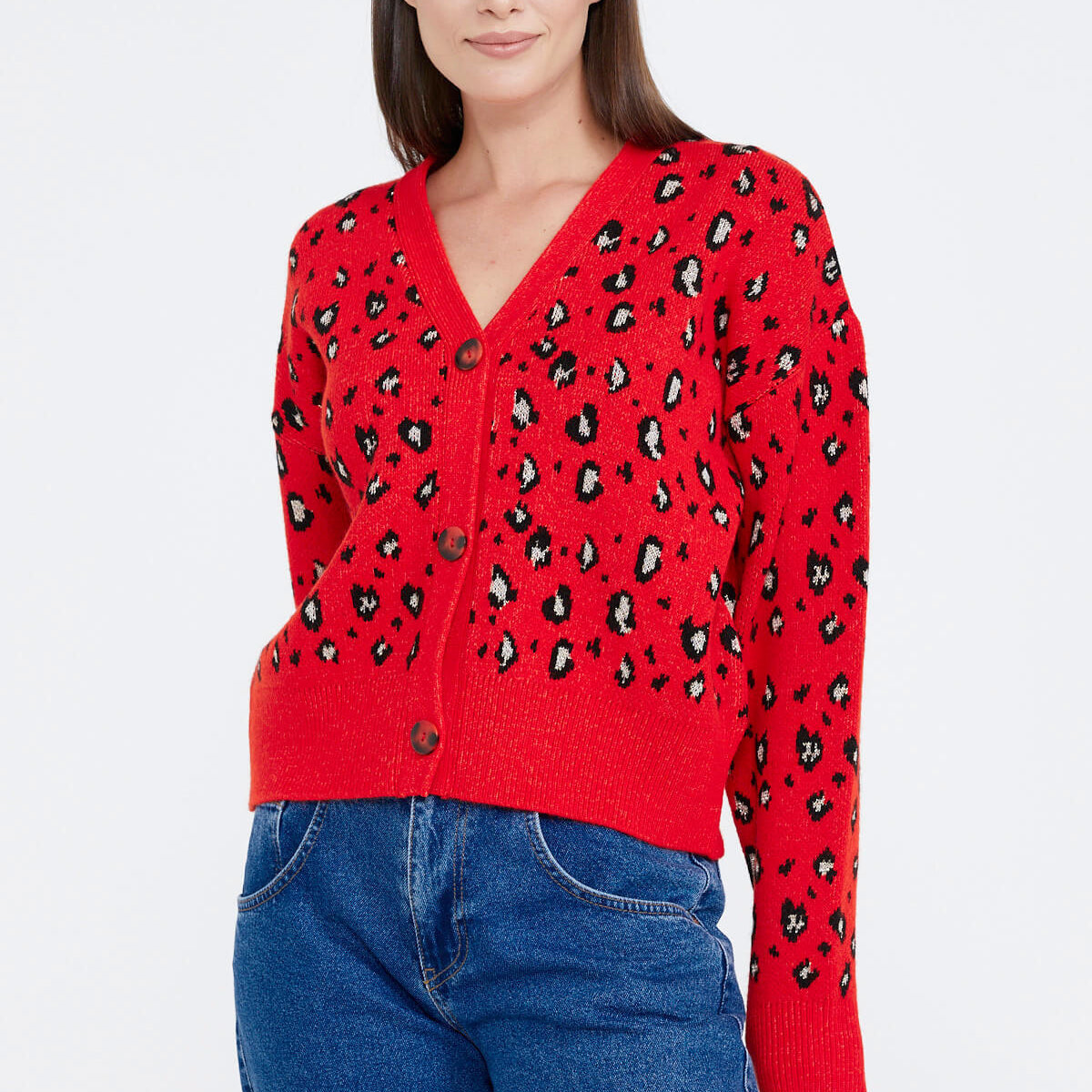 Women's Leopard Patterned Knitwear Cardigan Red Black – SEMENTA