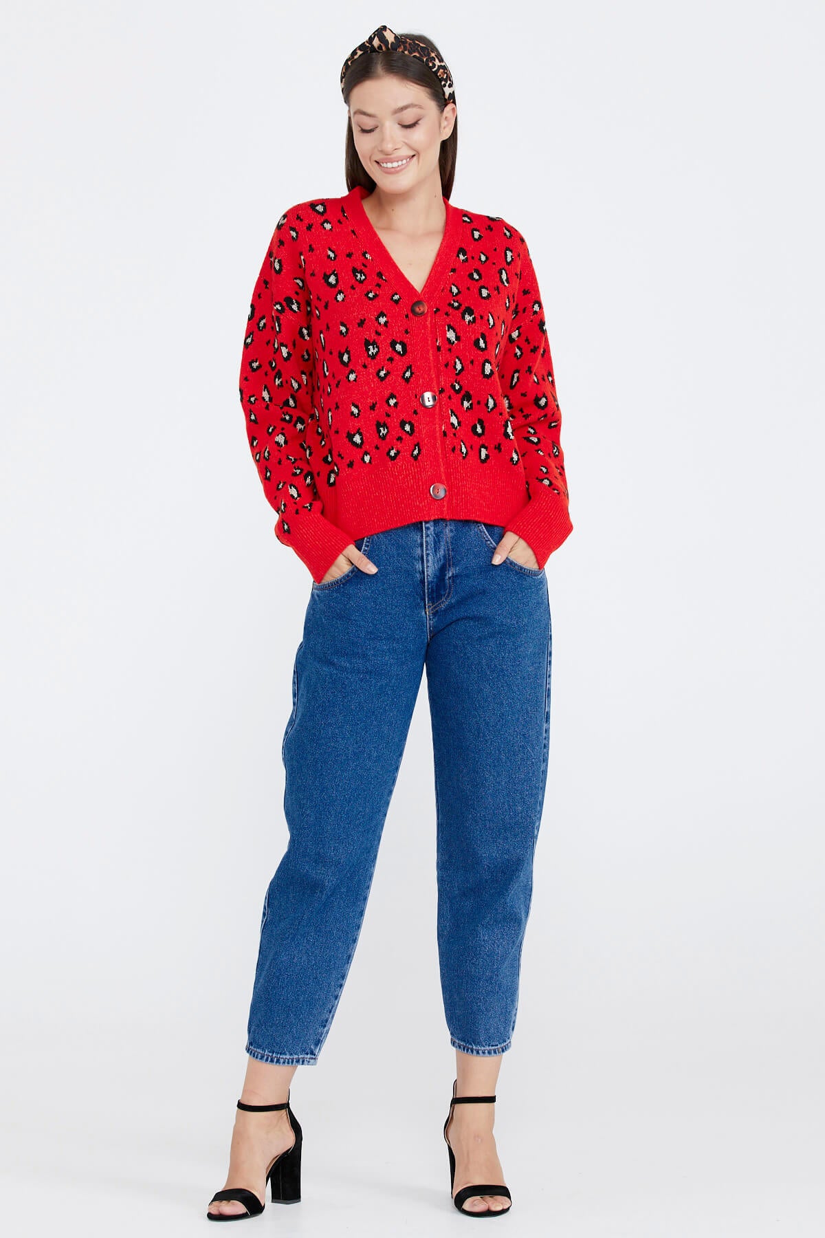 Kadın Leopar Desenli Triko Hırka - Kırmızı - Siyah (2) Sementa