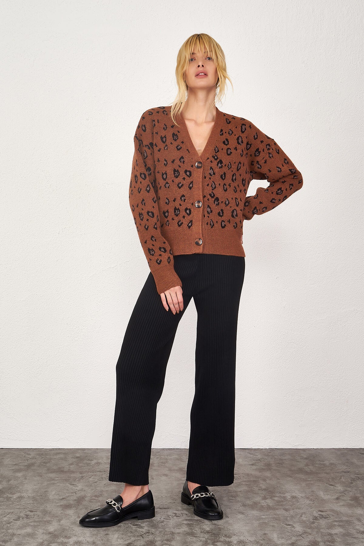 Kadın Leopar Desenli Triko Hırka - Taba - Siyah (2) Sementa