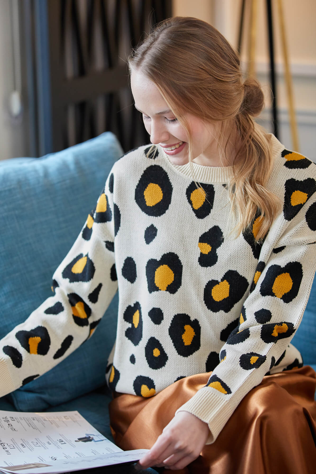 Kadın Leopar Desenli Triko Kazak - Krem (1) Sementa