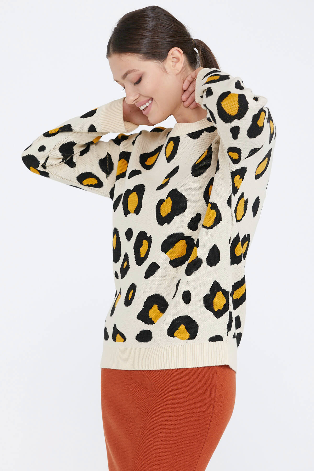 Kadın Leopar Desenli Triko Kazak - Krem (2) Sementa