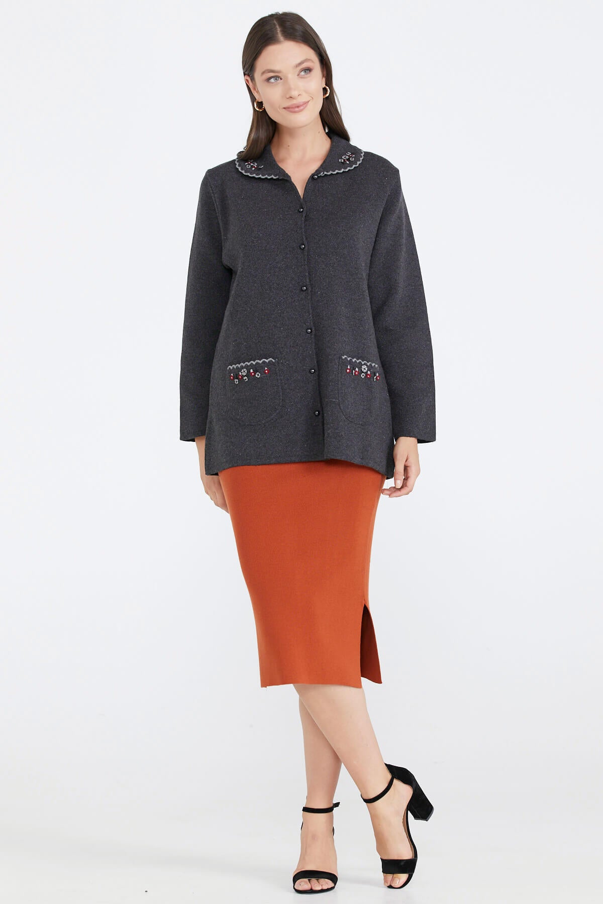 Kadın Polo Yaka Cepli Nakışlı Triko Ceket - Antrasit (2) Sementa