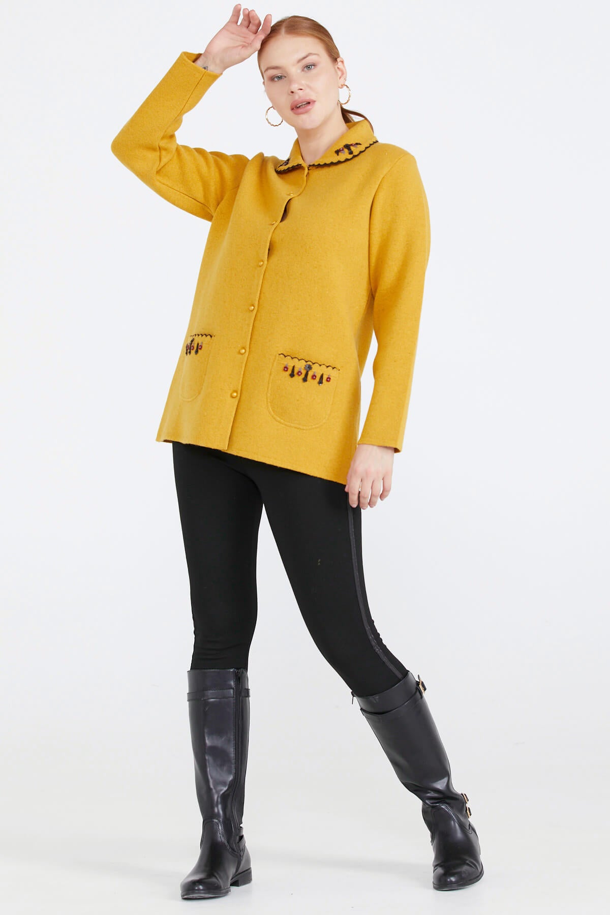 Kadın Polo Yaka Cepli Nakışlı Triko Ceket - Güneş (2) Sementa