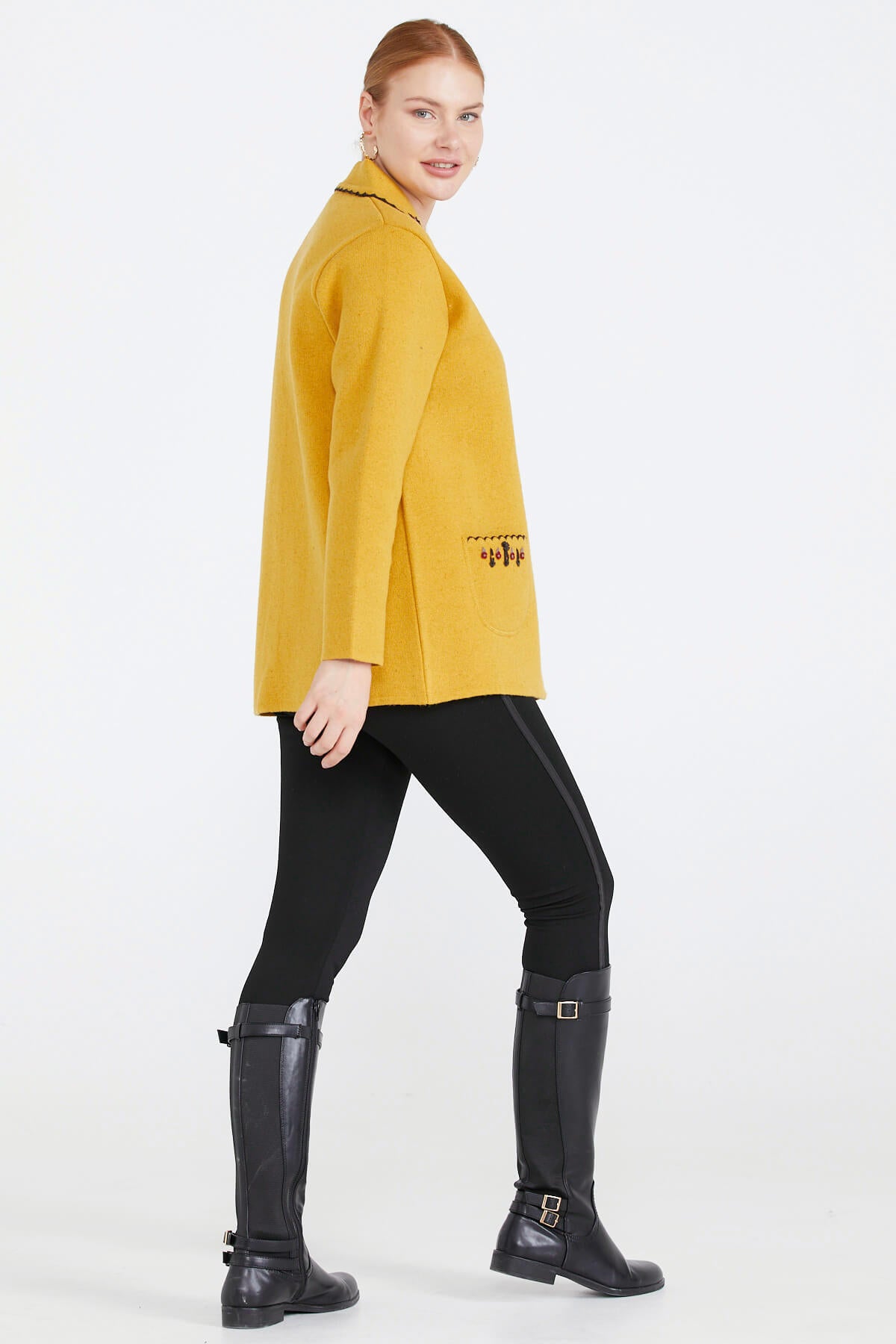 Kadın Polo Yaka Cepli Nakışlı Triko Ceket - Güneş (3) Sementa