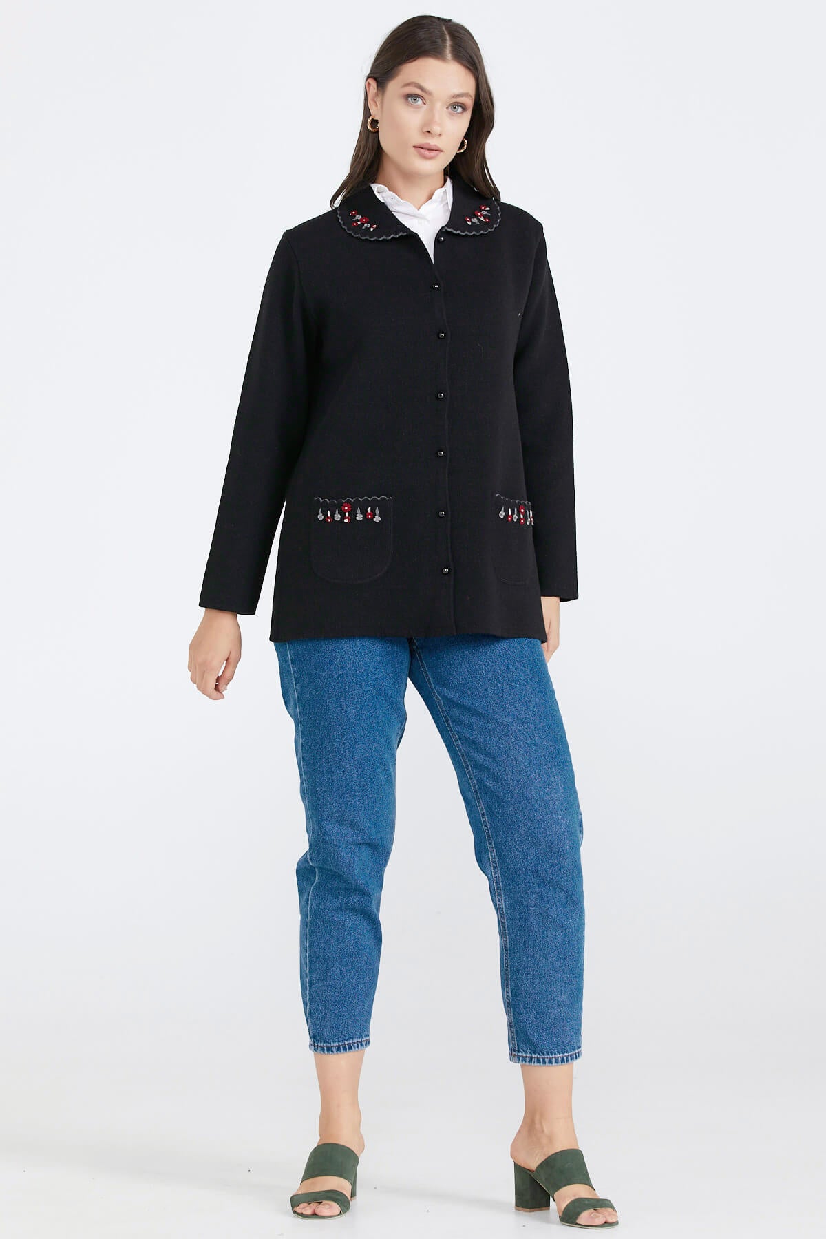 Kadın Polo Yaka Cepli Nakışlı Triko Ceket - Siyah (2) Sementa