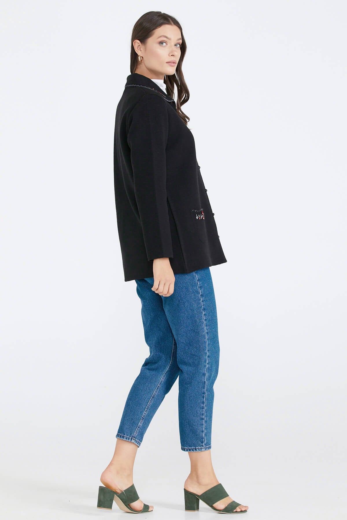 Kadın Polo Yaka Cepli Nakışlı Triko Ceket - Siyah (3) Sementa