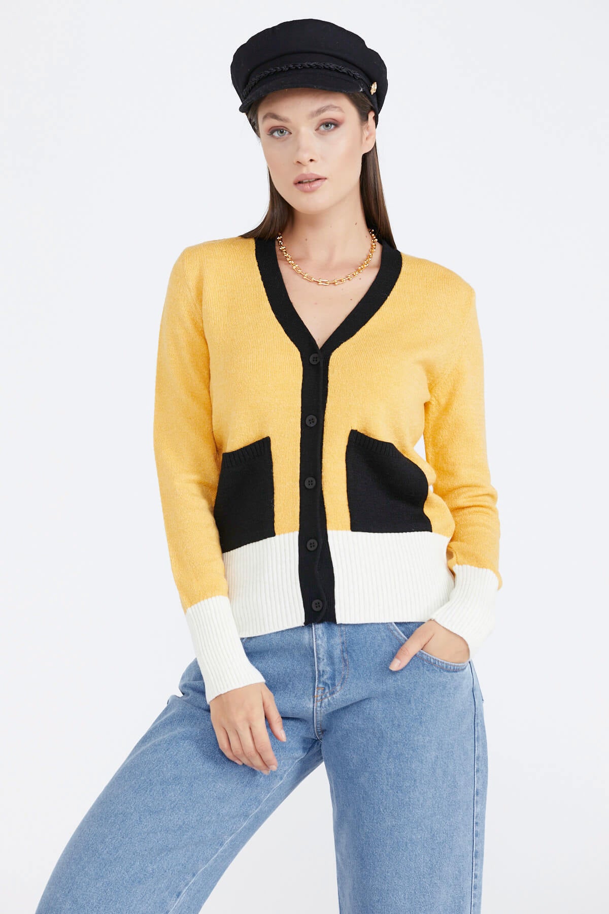 Kadın Renkli Cepli Triko Hırka - Hardal (1) Sementa