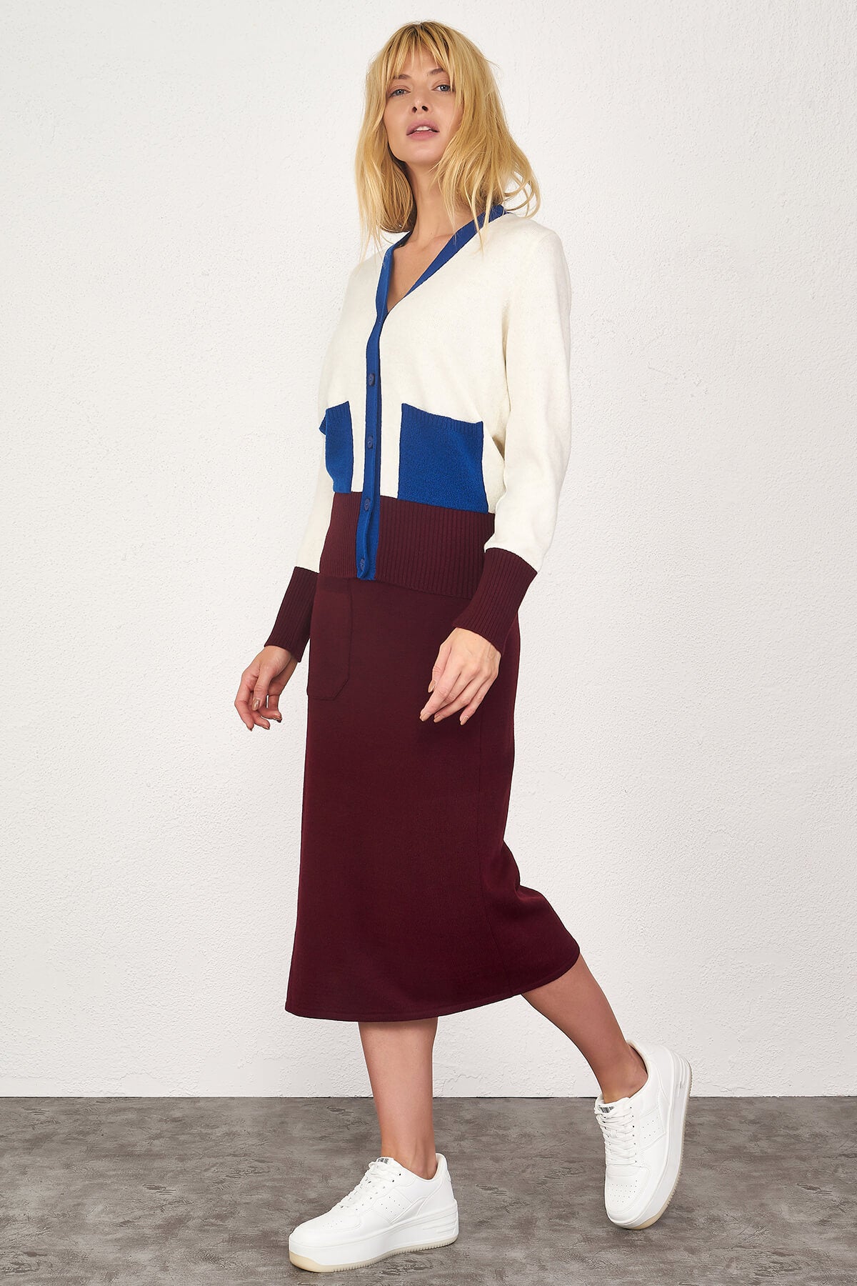 Kadın Renkli Cepli Triko Hırka - Kemik (2) Sementa