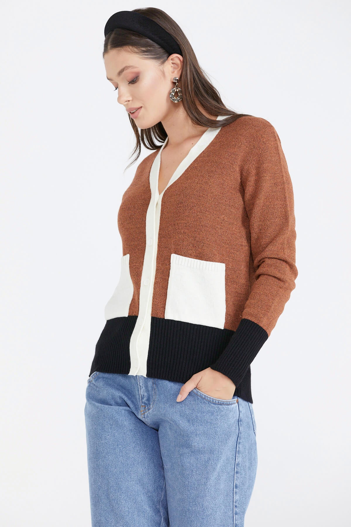 Kadın Renkli Cepli Triko Hırka - Taba (2) Sementa