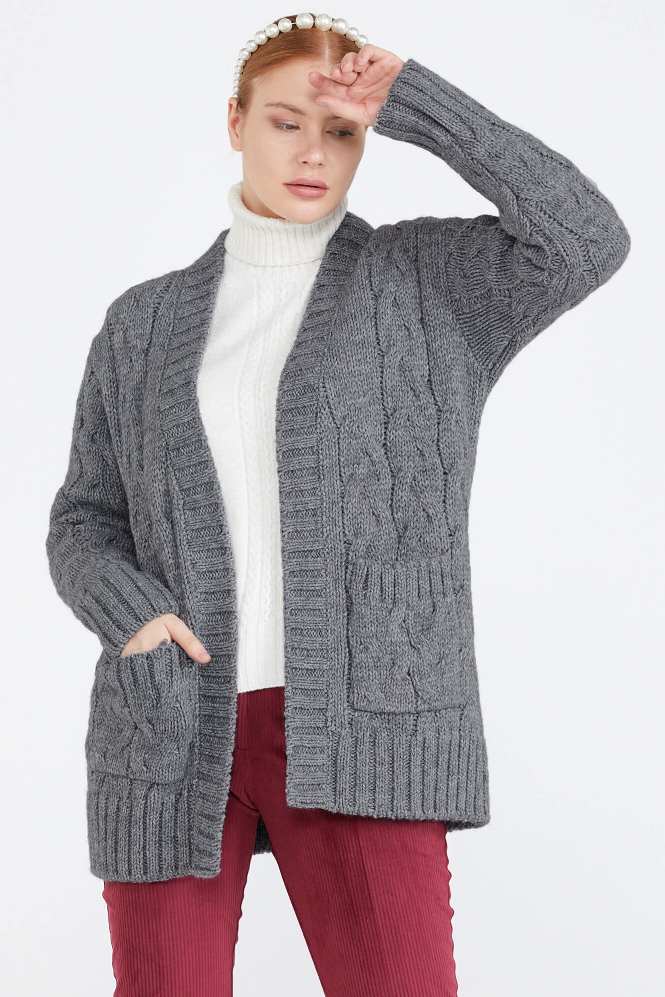 Kadın Saç Örgü Triko Ceket - Açık Gri (1) Sementa