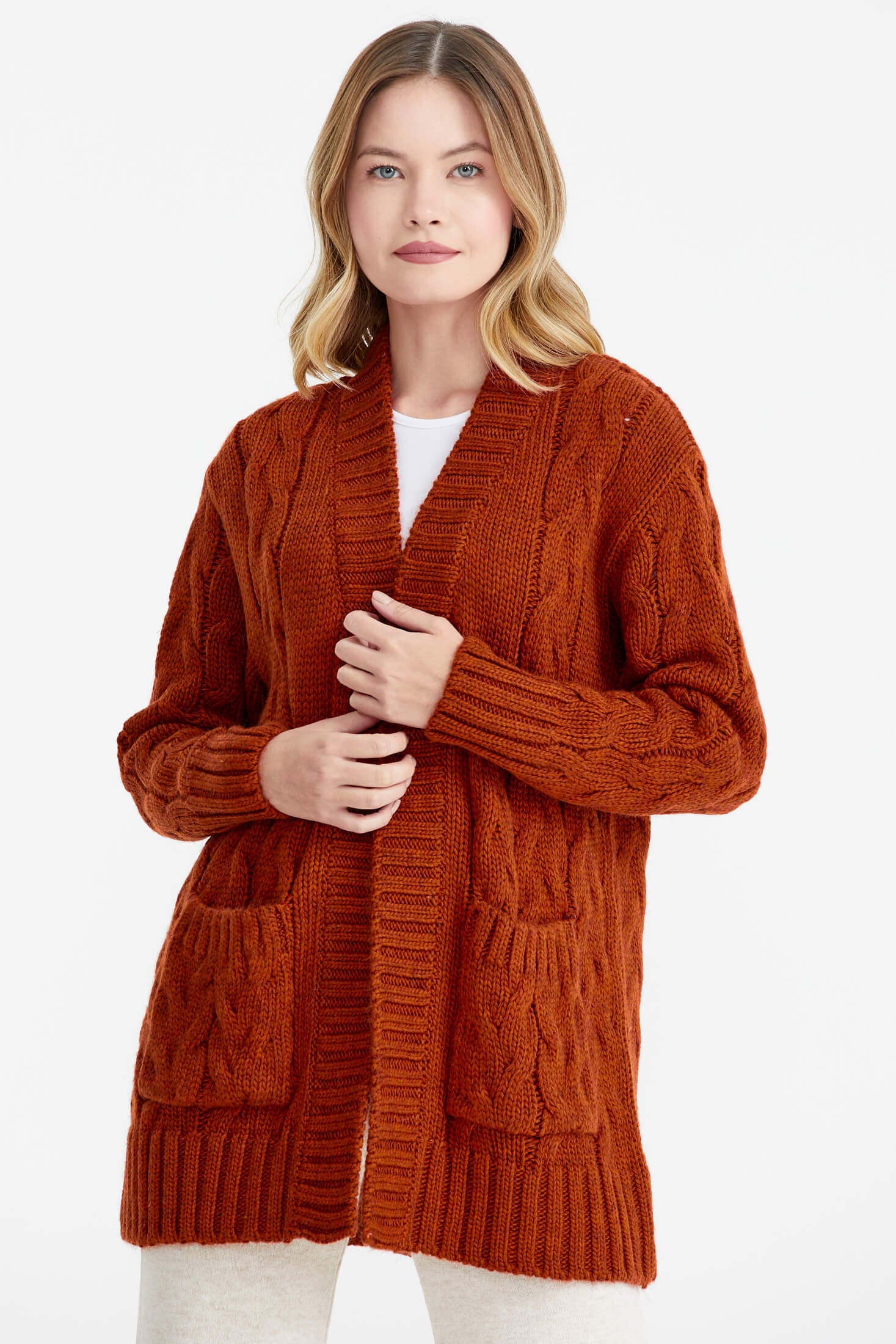 Kadın Saç Örgü Triko Ceket - Kiremit (1) Sementa