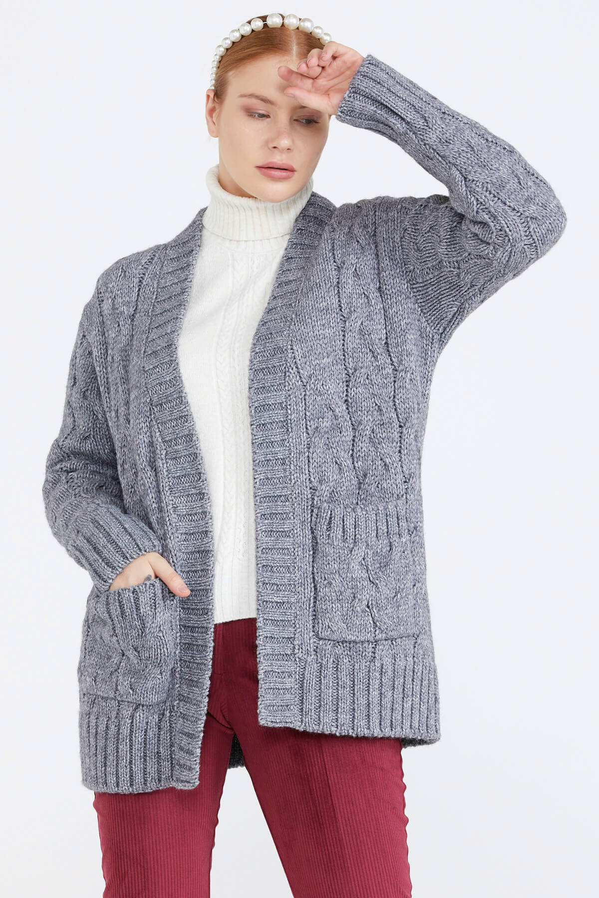 Kadın Saç Örgü Triko Ceket - Koyu Gri (1) Sementa