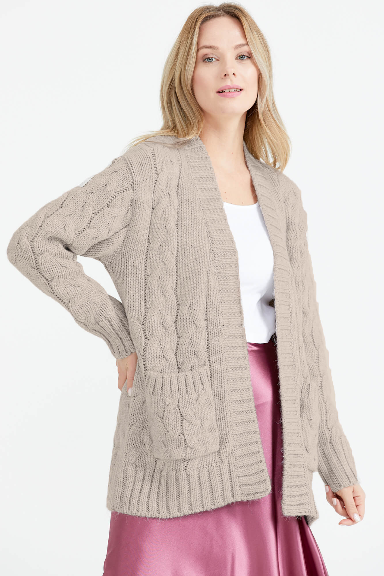 Kadın Saç Örgü Triko Ceket - Vizon (1) Sementa