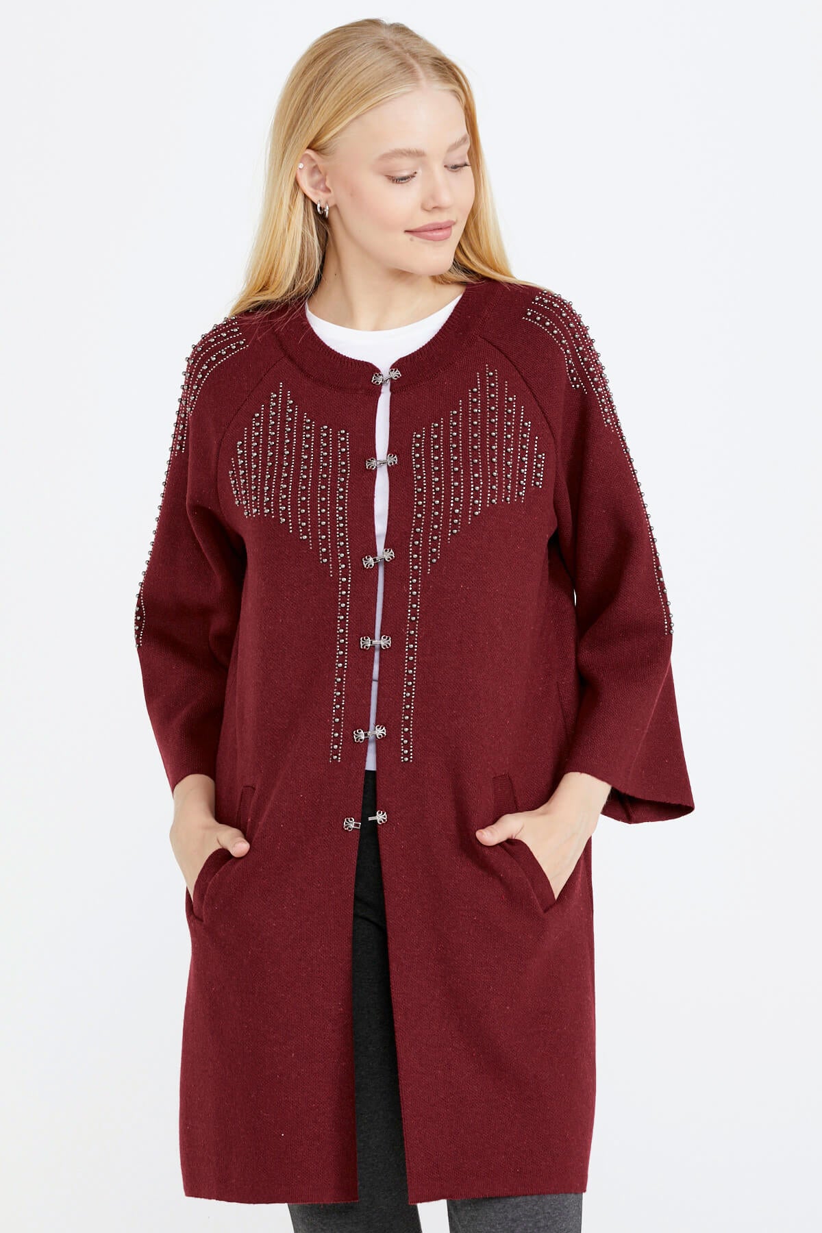 Kadın Taşlı Agraflı Triko Ceket - Bordo (1) Sementa