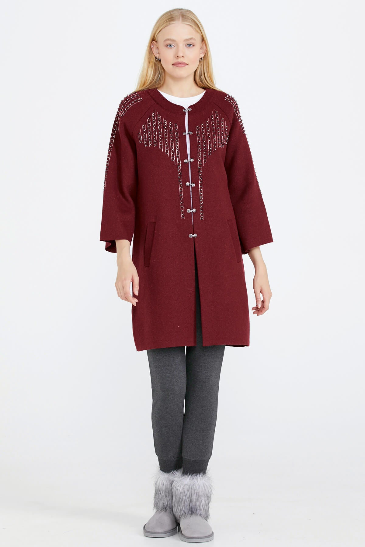 Kadın Taşlı Agraflı Triko Ceket - Bordo (2) Sementa