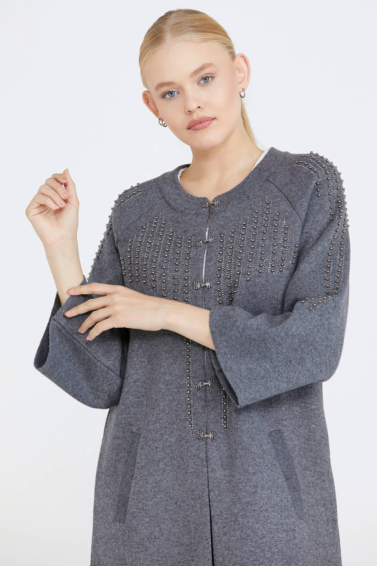 Kadın Taşlı Agraflı Triko Ceket - Koyu Gri (1) Sementa